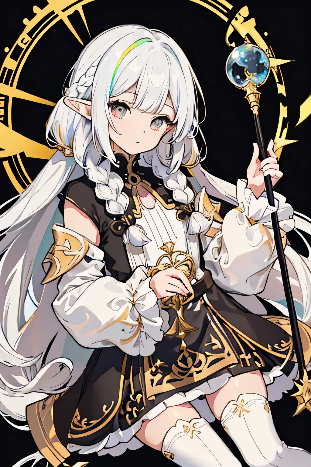 1GIRL, cute girl, finely detailed, (best quality), (intricate details), cute style, healer style, elf girl, dungeons and dragons style, multicolored, ((long white hair in braid)), ((tan skin)), best quality, ((gold and black puffy long sleeve dress)), ((thigh high socks)), ((black socks)), ((round eyes)), beautiful face, happy eyes, cute face, pinup, perfect face, simple background portrait, magic circle, magic staff