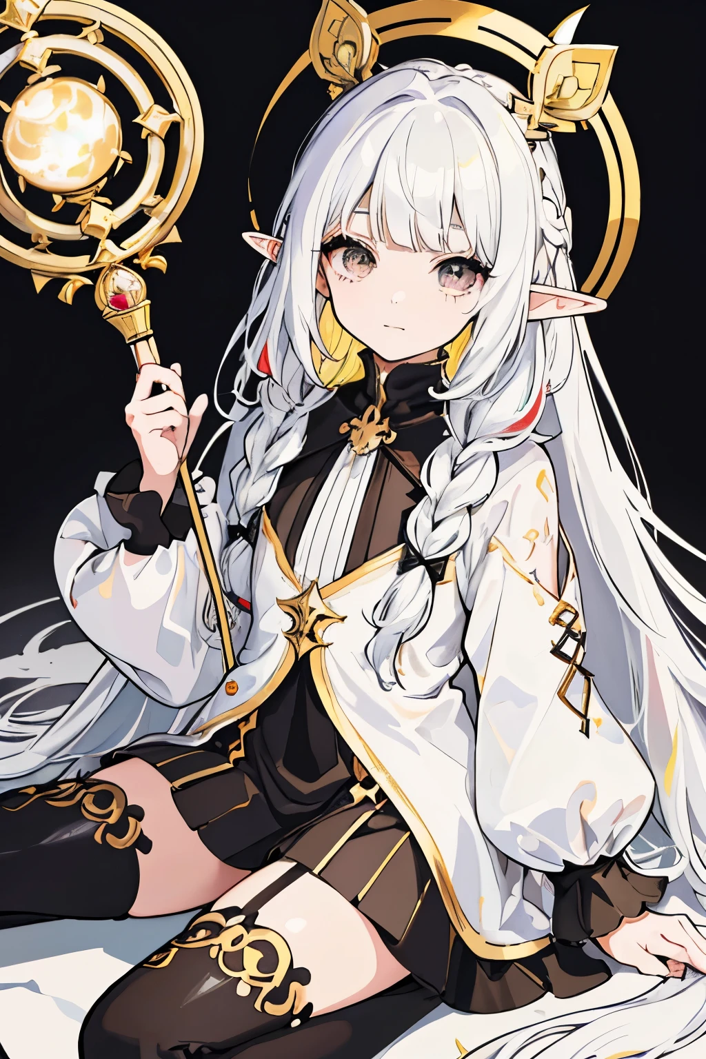 1GIRL, cute girl, finely detailed, (best quality), (intricate details), cute style, healer style, elf girl, dungeons and dragons style, multicolored, ((long white hair in braid)), ((tan skin)), best quality, ((gold and black puffy long sleeve dress)), ((thigh high socks)), ((black socks)), ((round eyes)), beautiful face, happy eyes, cute face, pinup, perfect face, simple background portrait, magic circle, magic staff