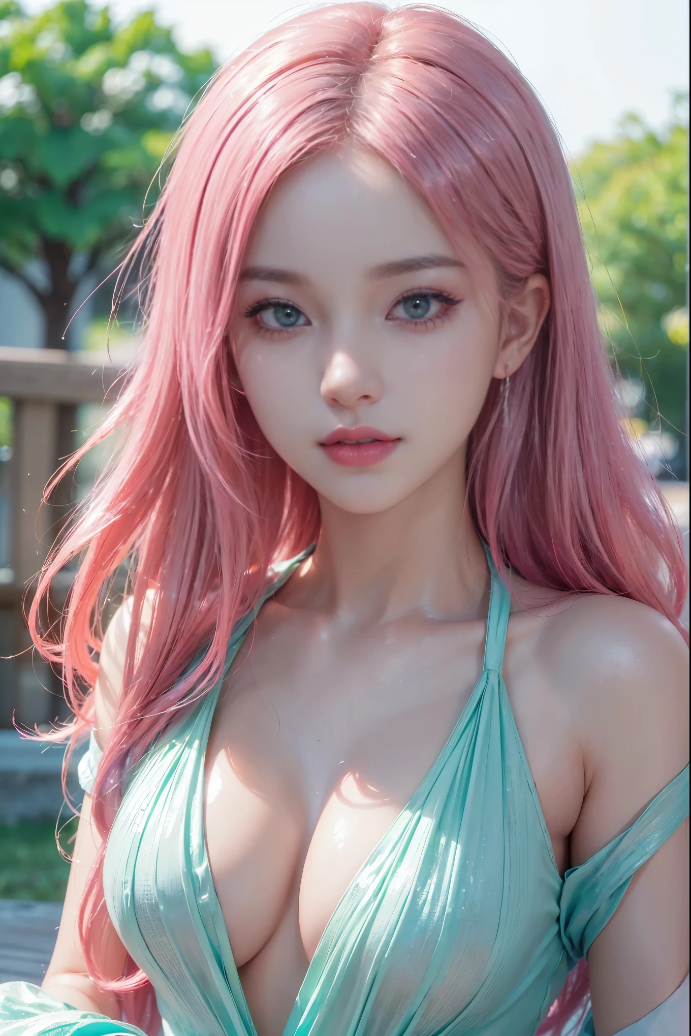 (8k, RAW photo, photorealistic:1.25) ,( lipgloss, eyelashes, gloss-face, glossy skin, best quality, ultra highres, depth of field, chromatic aberration, caustics, Broad lighting, natural shading,Kpop idol) looking at viewer with a serene and goddess-like happiness, pink hairs, green eyes, asain,