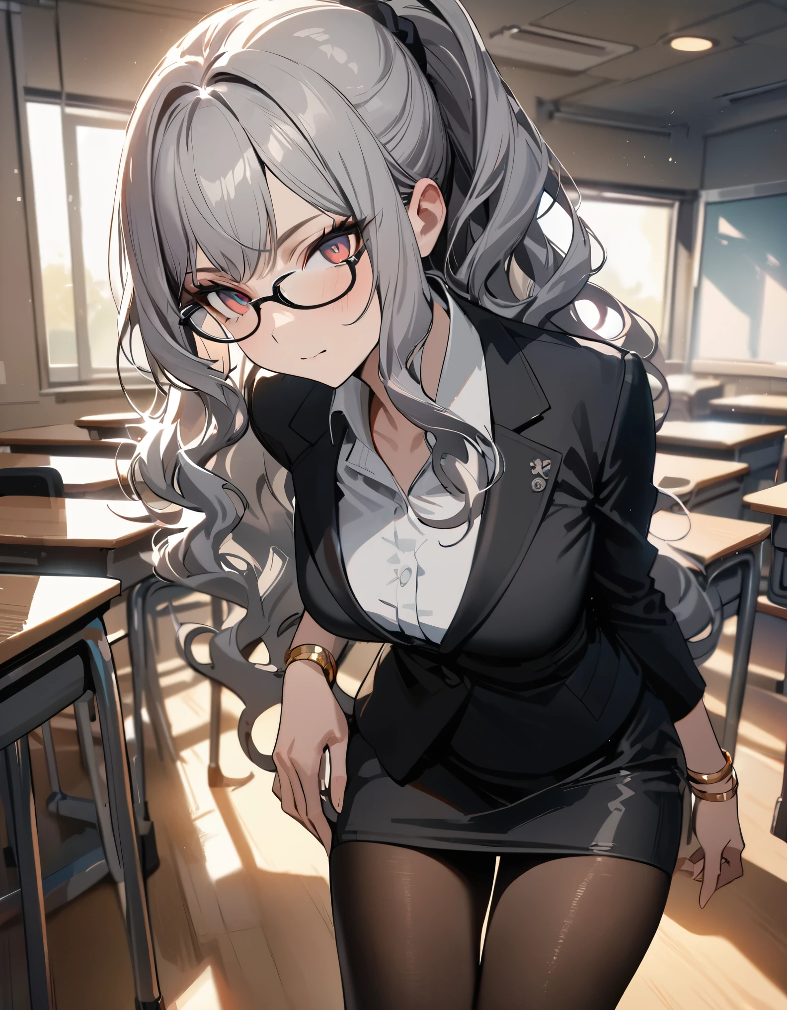masterpiece, best quality, 1girl, grey hair, ponytail, shoulder length hair, wavy hair, black hairband, auburn eyes, beautiful detailed eyes, beautiful detailed face, cute face, stoic, professional, teacher, black suit, glasses, black skirt, pencil skirt, miniskirt, full pantyhose, gold bracelets, shoes, classroom, warm lighting.
