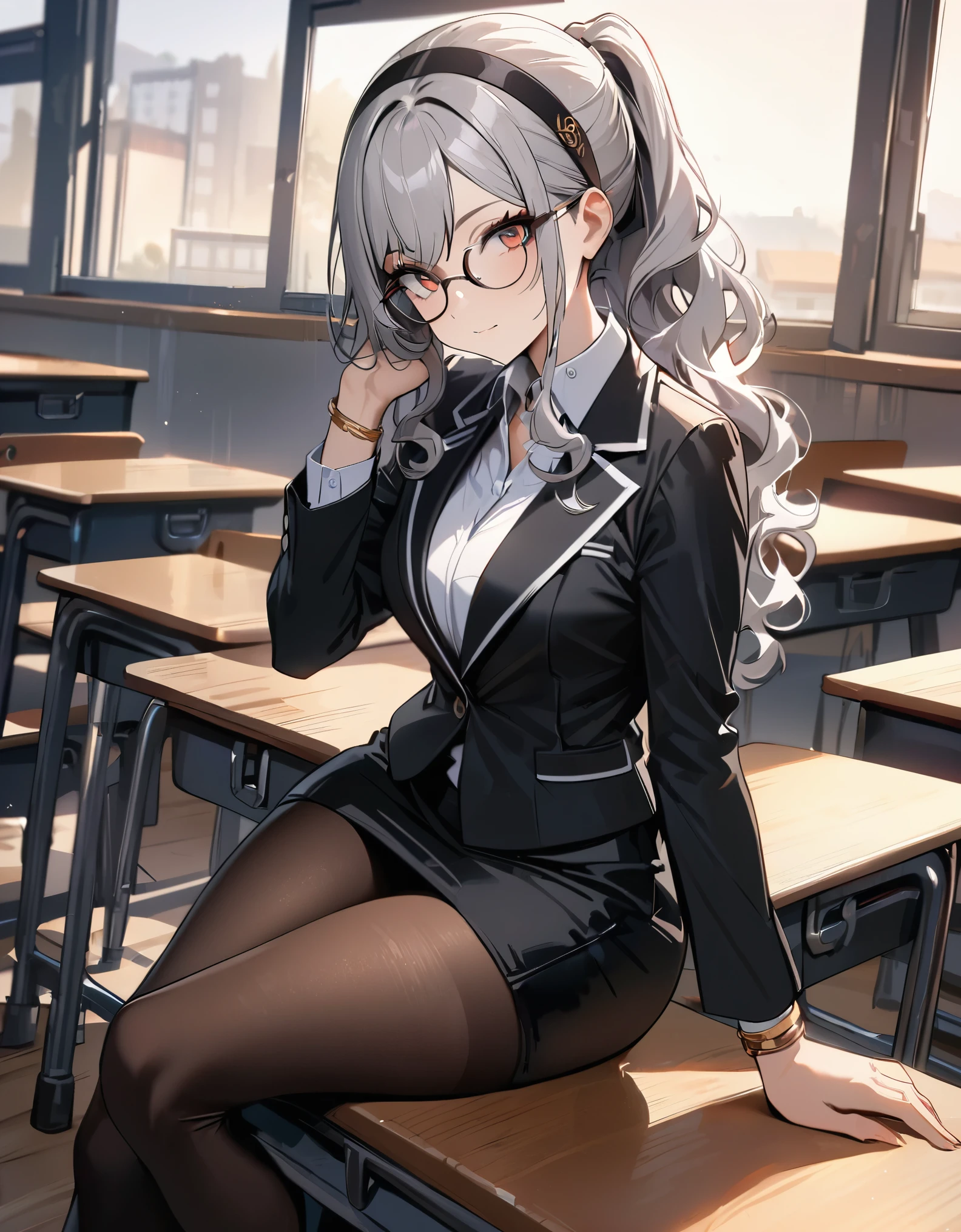 masterpiece, best quality, 1girl, grey hair, ponytail, shoulder length hair, wavy hair, black hairband, auburn eyes, beautiful detailed eyes, beautiful detailed face, cute face, stoic, professional, teacher, black suit, glasses, black skirt, pencil skirt, miniskirt, full pantyhose, gold bracelets, shoes, classroom, warm lighting. 