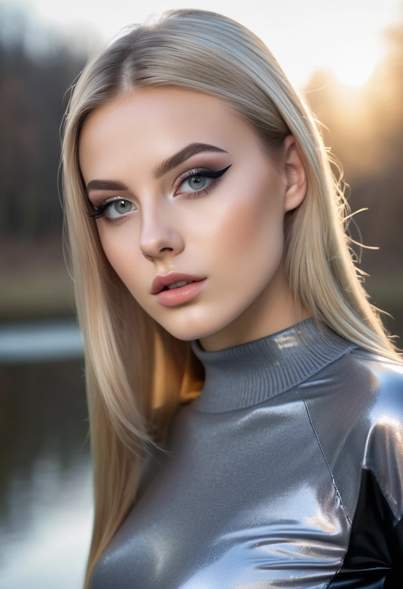 hyperrealistic beautiful 18-year-old women in grey sweater with shiny black latex shorts, model shooting photography, very long blonde straight hair, dark eye makeup with eyeliner, 8K, best quality, Meisterwerk, ultra high resolution, (Realismus: 1.4), Originalfoto, (realistische Hautstruktur: 1.3), (Filmkorn: 1.3), (Selfie-Winkel), 1 girl, Beautiful eyes and facial details, Meisterwerk, best quality,