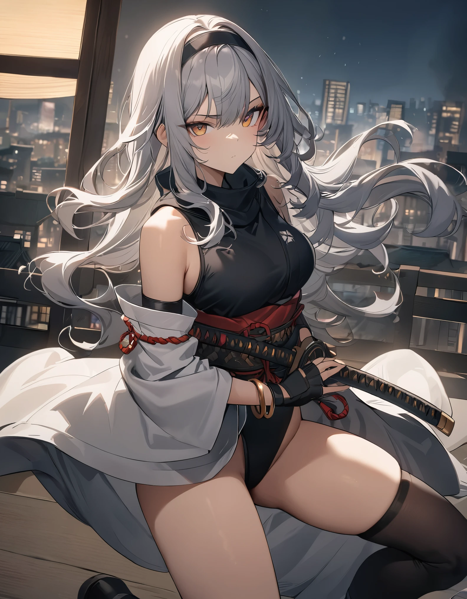 masterpiece, best quality, 1girl, grey hair, shoulder length hair, wavy hair, black hairband, auburn eyes, beautiful detailed eyes, beautiful detailed face, cute face, stoic, professional, ninja, black leotard, black tactical gloves, bare legs, gold bracelets, black thigh-high boots, using katana blade, scabbard, cityscape, night, noir atmosphere.