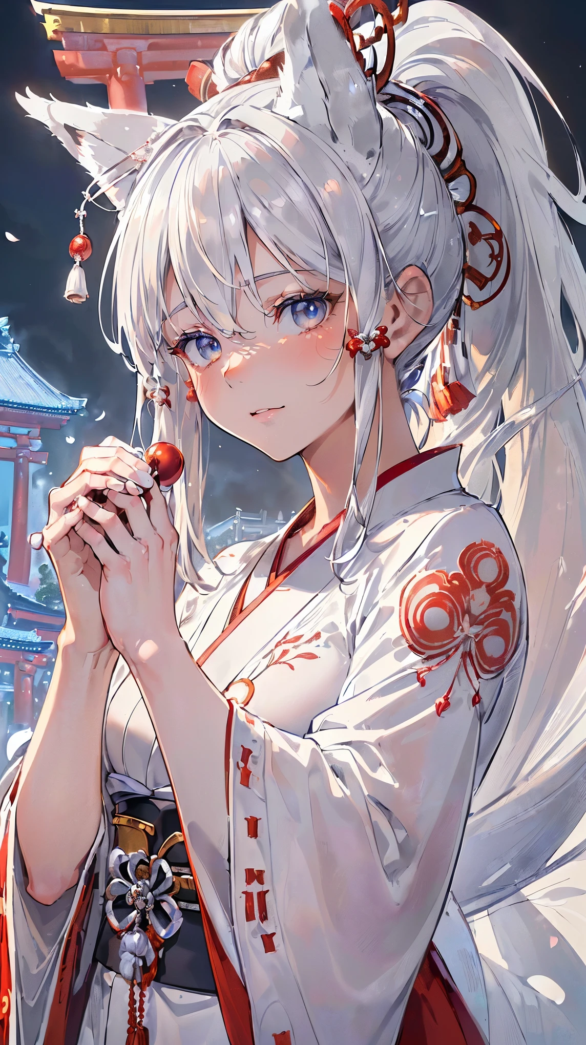(((Masterpiece))), (((Highest quality))), ((Ultra-detailed)), ((Super fine illustration)), ((Ultra-fine painting)), (16K highest quality wallpaper:1.8), (Upper body:1.6), HDR, (Highly detailed and delicate illustration style:1.8), Detailed skin texture, Detailed cloth texture, Extreme detailed description, (T-masterpiece), (Highly detailed face:1.2), (Highly detailed silver fox ears:1.2), (Highly detailed shiny ponytail:1.2), (Highly detailed beautiful eyes:1.2), (Highly detailed silver nine tails:1.2), Original, RAW photo, Professional, Intricate details, Super details, Direct light:1.6, (Perfect anatomy:1.4), (Highly detailed hands:1.2), (Highly detailed fingers:1.2), (Highly detailed fingertips:1.2), (27-years-old), Real, (Solo:1.6), ((A very beautiful and attractive silver fox fashion model who is a messenger of God and a traditional Japanese sacred shrine maiden:1.4)) BRAKE (Beautiful and adorable silver fox ears:1.8), (Highly detailed and delicate silver fox ears:1.6), (Beautiful and well-shaped big breasts:1.2), (Beautiful and well-shaped buttocks), (Beautiful and shiny silver ponytail:1.6), (Highly detailed and delicate silver ponytail:1.2), (Beautiful clear blue eyes that shine with great detail:1.6), (Highly detailed and delicate blue eyes:1.2), (Highly detailed face:1.4), (Smile:1.3), (Blush:1.2), (Looking at viewer:1.4), (Celebration:1.4), (Standing:1.2) BRAKE ((Brightly white and red colored) and divine traditional shrine maiden costumes at Japanese shrines:1.4), (Japanese divine traditional costume:1.2) BRAKE (Highly detailed and beautiful Ise Grand Shrine in Mie Prefecture just after noon in spring in the background:1.6), (Celebration:1.4), (Cherry blossoms:1.2), Highly beautiful in the sunny sky background just after noon:1.2 BRAKE 