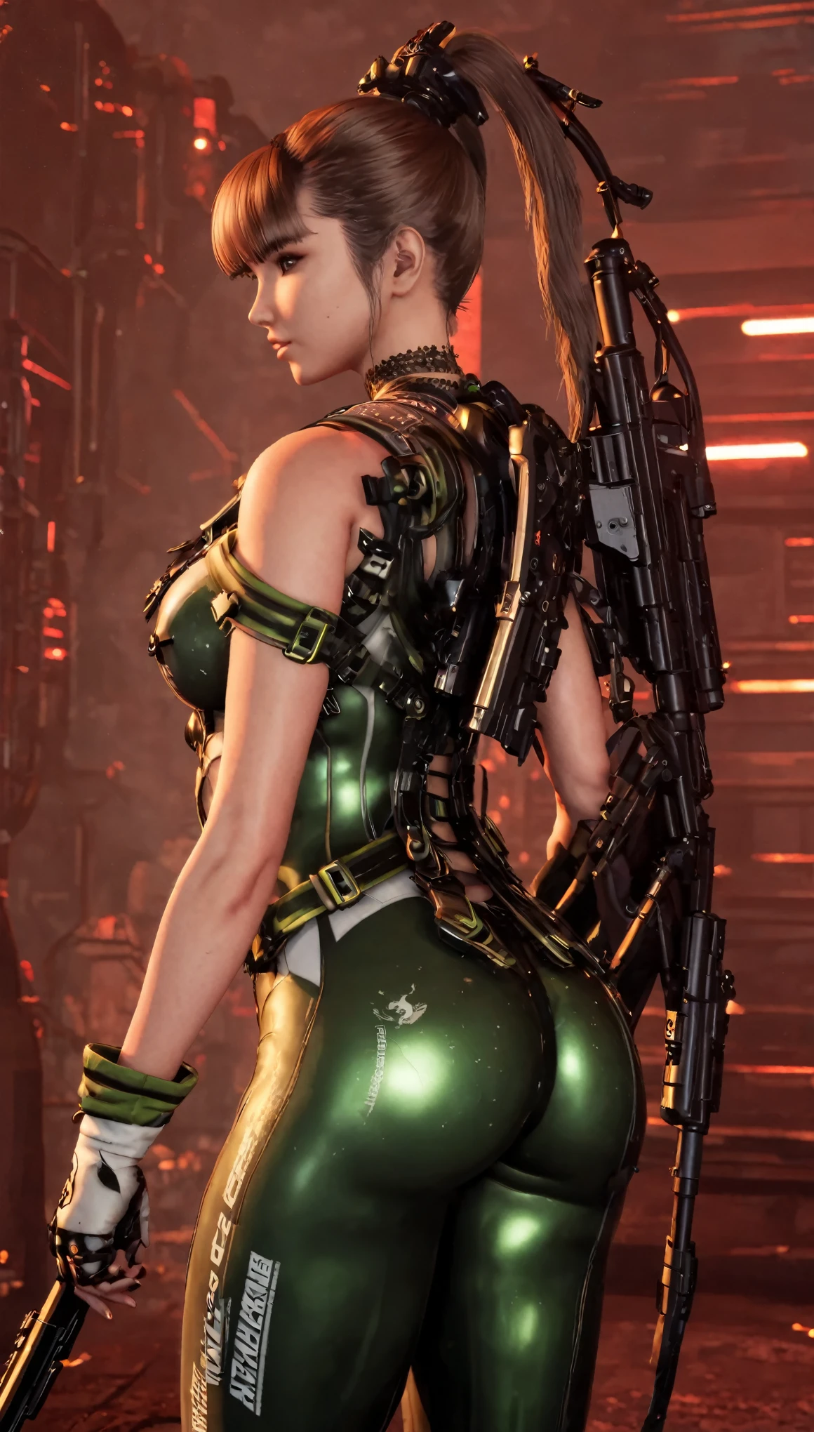 Eve, Stellar Blade, big breast, thicc thighs, curvy, 1girl,solo,heavy makeup,cute,earrings,ring braid,(lewd smile:1.1),holding submachine gun,ponytail,idol,hooker,military uniform,(battleground:1.1), showing back, big buttocks, 