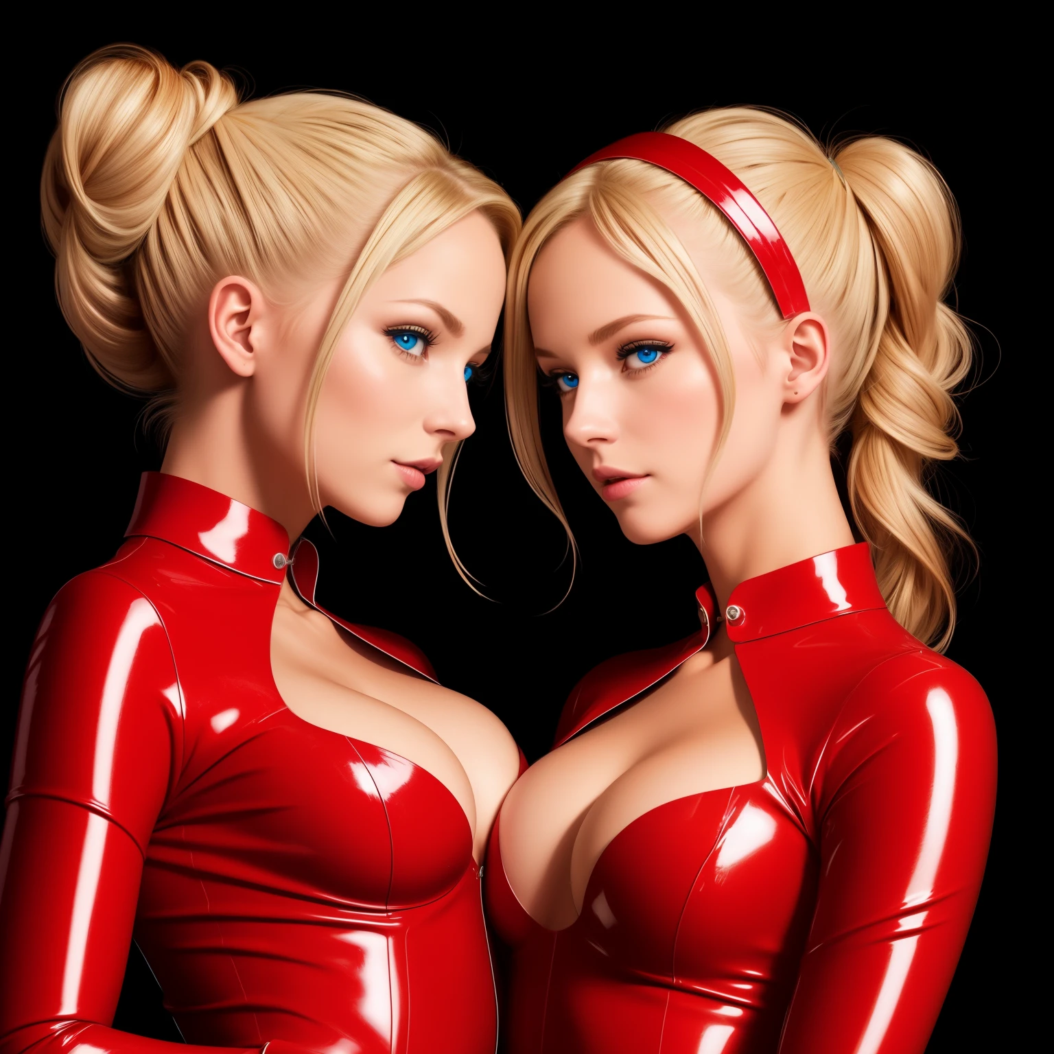 sexy twin girls,blondes Haar,Space buns,rosa Latexbluse, Latex Bluse detailliert, hellblaues Latex, rosa Latex, Red shiny patent PVC shoes,Perfektes Gesicht,Detaillierte Augen,Detaillierte Lippen,Detailed hands,lange Wimpern,vollbusig,niedlich,portrait,High resolution,realistisch,Studiobeleuchtung,Lebendige Farben,Meisterwerk,award-winning photo, ultra detailliert,schauen sich verliebt in die Augen