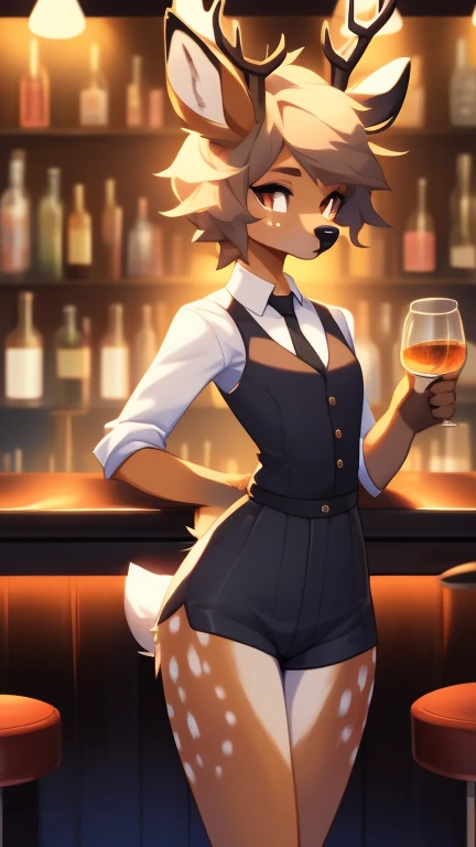 Best quality, super detailed illustration, warm colors, Ideal lighting, better detail, (fluffy deer boy:1.4) , feminine face and body, disheveled thick hair, Bartender's clothes, short shorts, shirt, vest, black butterfly, Sleepy view, femboy, small waist, wide hips, slim, perfect body, style "DND", behind the bar,