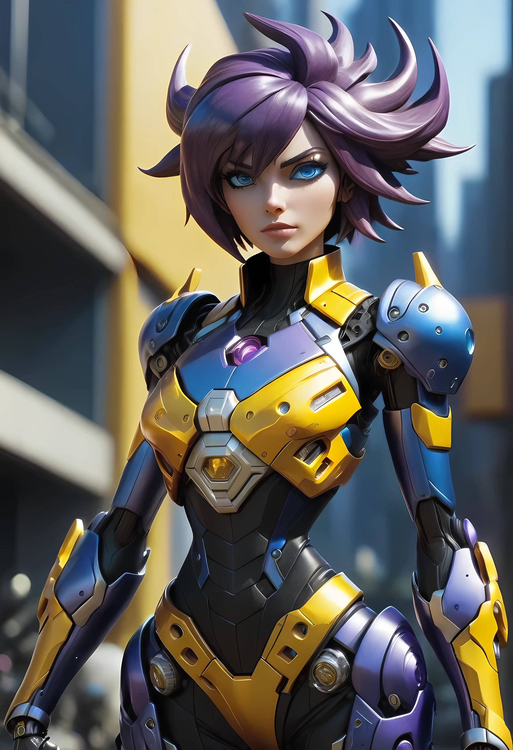 high details, best quality, 16k, [ultra detailed], masterpiece, best quality, mecha musume (extremely detailed), dynamic angle, ultra wide shot, RAW, photorealistic, realistic art, a picture of mech Faye Valentine from Bebop Cowboy (intricate details, Masterpiece, best quality: 1.5) riding motorcycle, wearing (yellow: 1.3) mech bikini top, (intricate details, Masterpiece, best quality: 1.4), black pants, leather boots, thick hair, short hair, (purple: 1.2) hair, intense (blue: 1.3) eyes, futuristic urban background sun light, golden light. dynamic angle, (intricate details, Masterpiece, best quality: 1.5) , 2.5 rendering, high details, best quality, highres, ultra wide angle