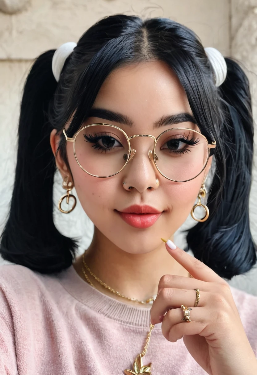 a girl that is making a peace sign while wearing glasses on her nose, ring, jewelry, 1girl, sunglasses, twintails, v, black hair