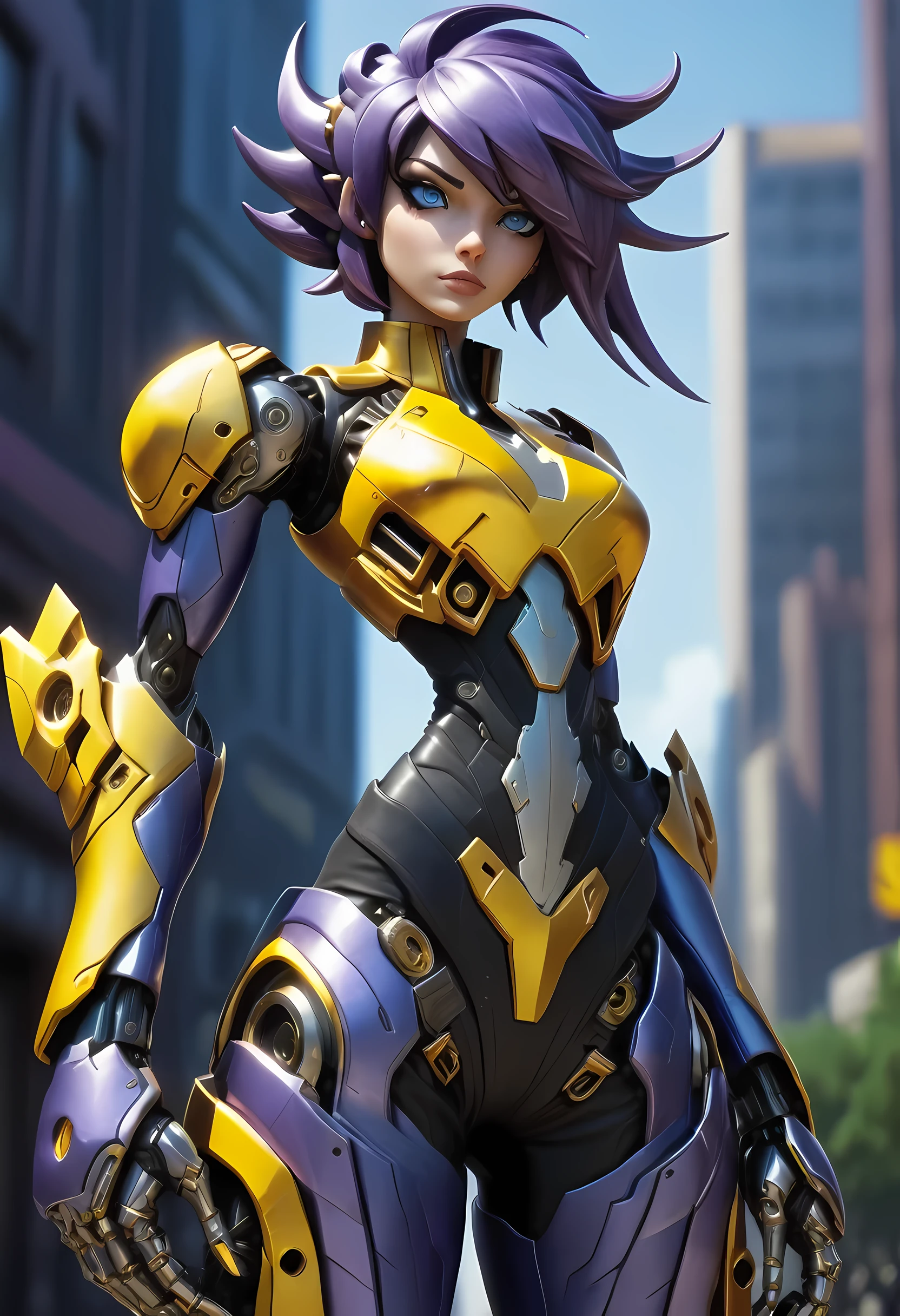 high details, best quality, 16k, [ultra detailed], masterpiece, best quality, mecha musume (extremely detailed), dynamic angle, ultra wide shot, RAW, photorealistic, realistic art, a picture of mech Faye Valentine from Bebop Cowboy (intricate details, Masterpiece, best quality: 1.5) riding motorcycle, wearing (yellow: 1.3) mech bikini top, (intricate details, Masterpiece, best quality: 1.4), black pants, leather boots, thick hair, short hair, (purple: 1.2) hair, intense (blue: 1.3) eyes, futuristic urban background sun light, golden light. dynamic angle, (intricate details, Masterpiece, best quality: 1.5) , 2.5 rendering, high details, best quality, highres, ultra wide angle