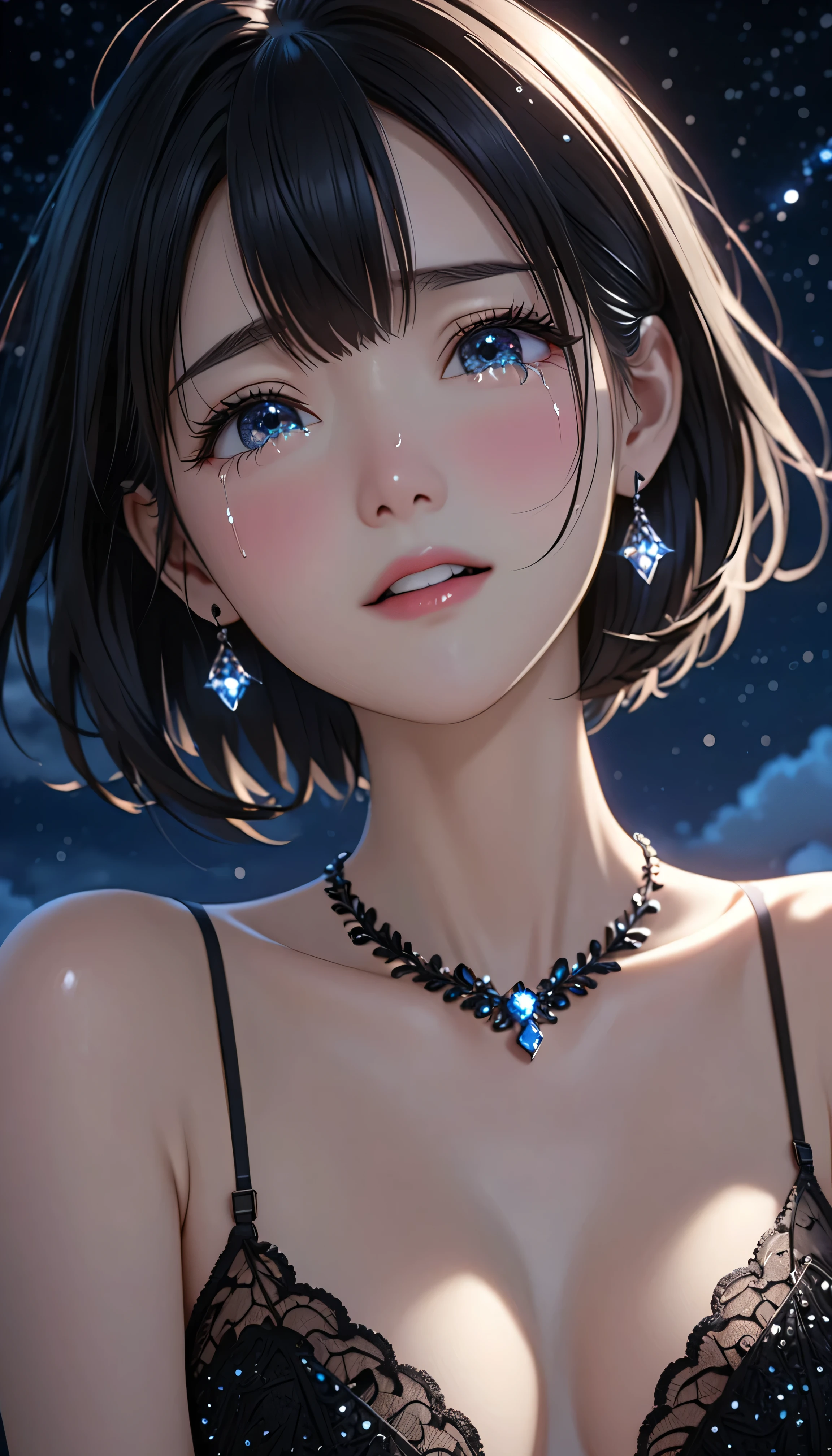 National Science Foundation,masterpiece,High resolution,8K,Art,digit,Kyoto Animation Style,your name movie style,Facing the camera,night,midnight,Light,meteor,(1 female: 1.3),(alone: 1.4),(((Black hair))),(Gorgeous,Sparkling Light Black Lace Bra),Swarovski crystals on black lace bra,crystal hairpin,black crystal necklace,black crystal earrings,Long eyelashes,slender legs,short bob,sexy pose,Close-up of upper body,Close-up,close view,nightstarry sky,Eyes as deep as the starry sky,Blushed,shy,shy,open mouth,(((cry))),(((shed tears)))