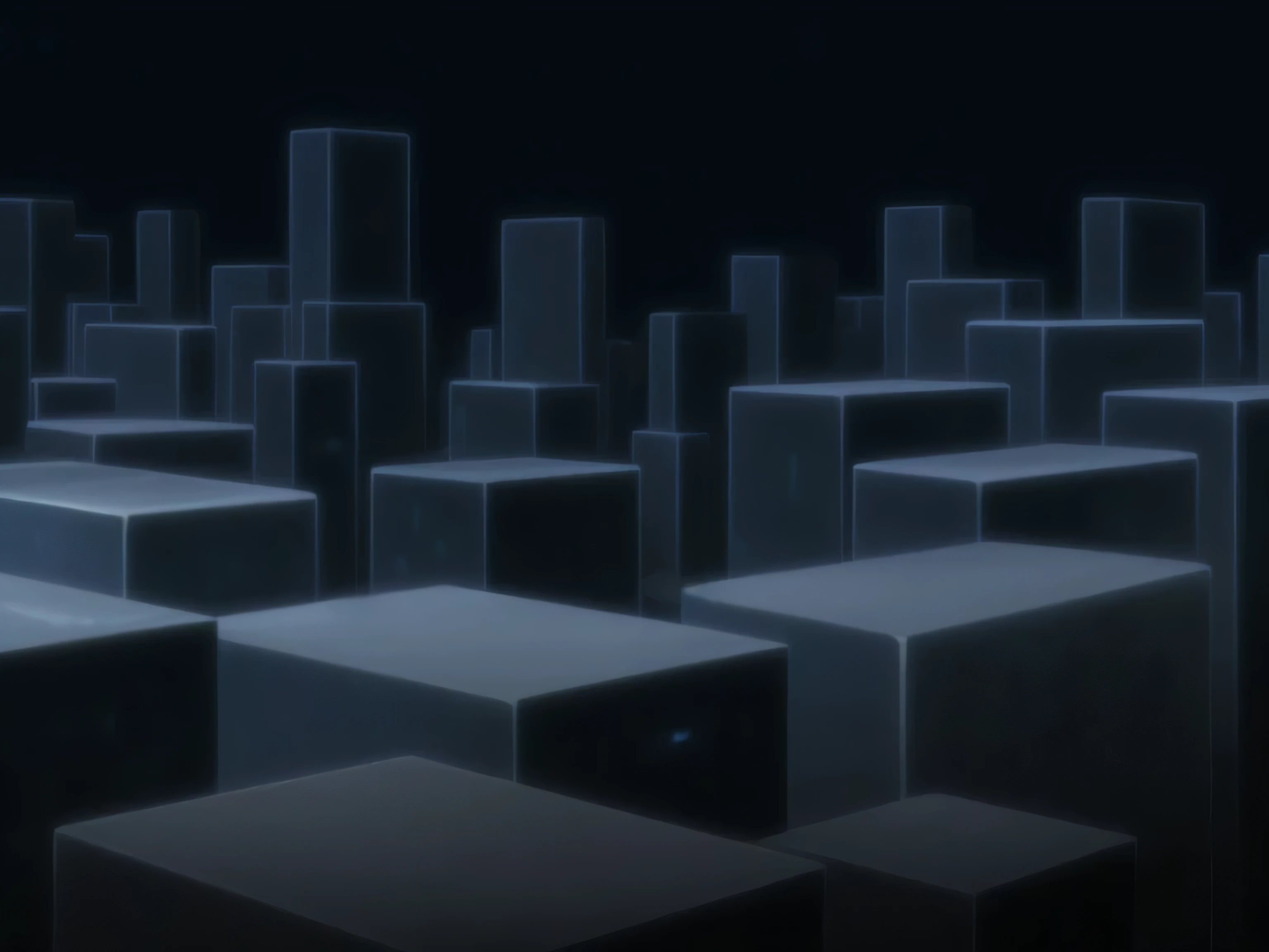 there are many cubes that are in the dark with a city in the background, cinematic lain fractal lain, background of digital greebles, dystopian background, random background scene, bioluminescent hypercubes, animation still screencap, anime movie background, animation still, dystopian city skyline at night, background ( dark _ smokiness ), anime background, anime keyframe