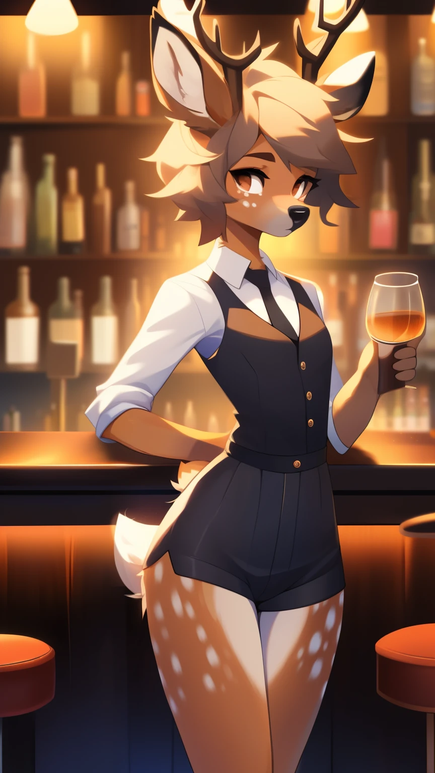 Best quality, super detailed illustration, warm colors, Ideal lighting, better detail, (fluffy deer boy:1.4) , feminine face and body, disheveled thick hair, Bartender's clothes, short shorts, shirt, vest, black butterfly, Sleepy view, femboy, small waist, wide hips, slim, perfect body, style &quot;DND&quot;, behind the bar,