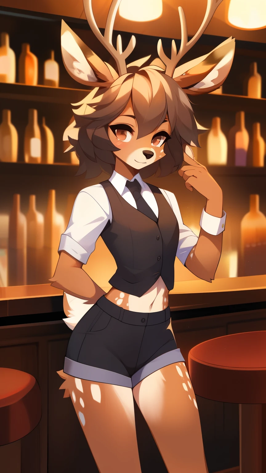 Best quality, super detailed illustration, warm colors, Ideal lighting, better detail, (fluffy deer boy:1.4) , feminine face and body, disheveled thick hair, Bartender's clothes, short shorts, shirt, vest, black butterfly, Sleepy view, femboy, small waist, wide hips, slim, perfect body, style &quot;DND&quot;, behind the bar,