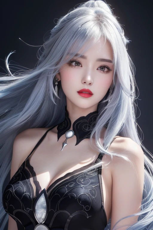 Anime Style、White skin、Gray Hair、Long Hair、Blue vein hair、Upward、Large and noticeable、Colorful gas expression、Captivating big 、feminine、High-frequency detail (((Sharpness)))、((Focus Sharp: 1.2 ) )、Pueros Face_v1: 0.7)、(8k、highest quality)、Very large chest light)))、Beautiful lighting、Highly detailed face、well drawn hands、Well drawn legs、Well drawn legs、Exposed chest、(masterpiece) : 1、2)、highest quality、masterpiece、High resolution、Original and detailed wallpapers、information: upper class、Business service、Red lipstick and black lips、dark red lipstick、dark red lipstick、ear piercing、Expensive Gemstones、Black Dress、tight black dress、Black bodysuit、A black dress that covers the shoulders and neck、Modern apartment background、Modern apartment background、Expensive necklace、black shirt with long collar