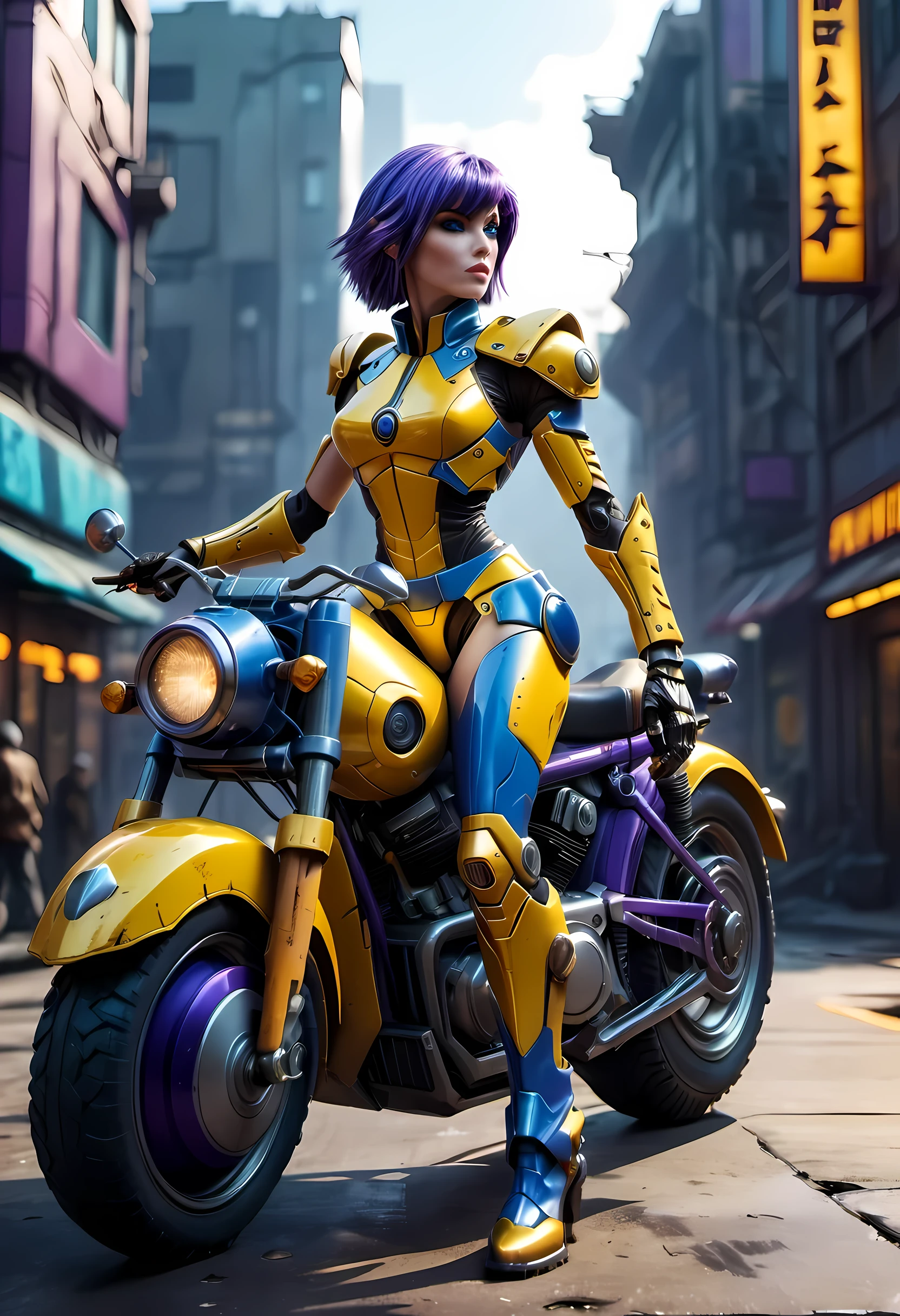 high details, best quality, 16k, [ultra detailed], masterpiece, best quality, (extremely detailed), dynamic angle, ultra wide shot, RAW, photorealistic, realistic art, a picture of mech Faye Valentine from Bebop Cowboy (intricate details, Masterpiece, best quality: 1.5) riding motorcycle, wearing yellow armor, (intricate details, Masterpiece, best quality: 1.4), leather boots, thick hair, short hair, purple hair, intense (blue: 1.3) eyes, futuristic urban background sun light, golden light. dynamic angle, (intricate details, Masterpiece, best quality: 1.5) , 2.5 rendering, high details, best quality, highres, ultra wide angle