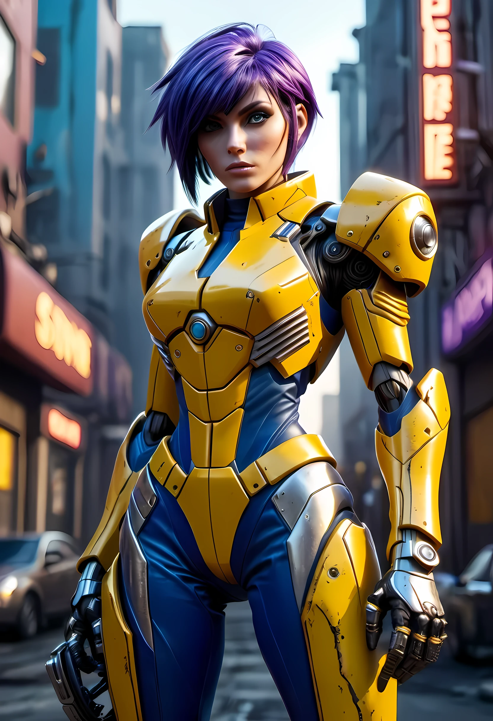 high details, best quality, 16k, [ultra detailed], masterpiece, best quality, (extremely detailed), dynamic angle, ultra wide shot, RAW, photorealistic, realistic art, a picture of mech Faye Valentine from Bebop Cowboy (intricate details, Masterpiece, best quality: 1.5) riding motorcycle, wearing yellow armor, (intricate details, Masterpiece, best quality: 1.4), leather boots, thick hair, short hair, purple hair, intense (blue: 1.3) eyes, futuristic urban background sun light, golden light. dynamic angle, (intricate details, Masterpiece, best quality: 1.5) , 2.5 rendering, high details, best quality, highres, ultra wide angle