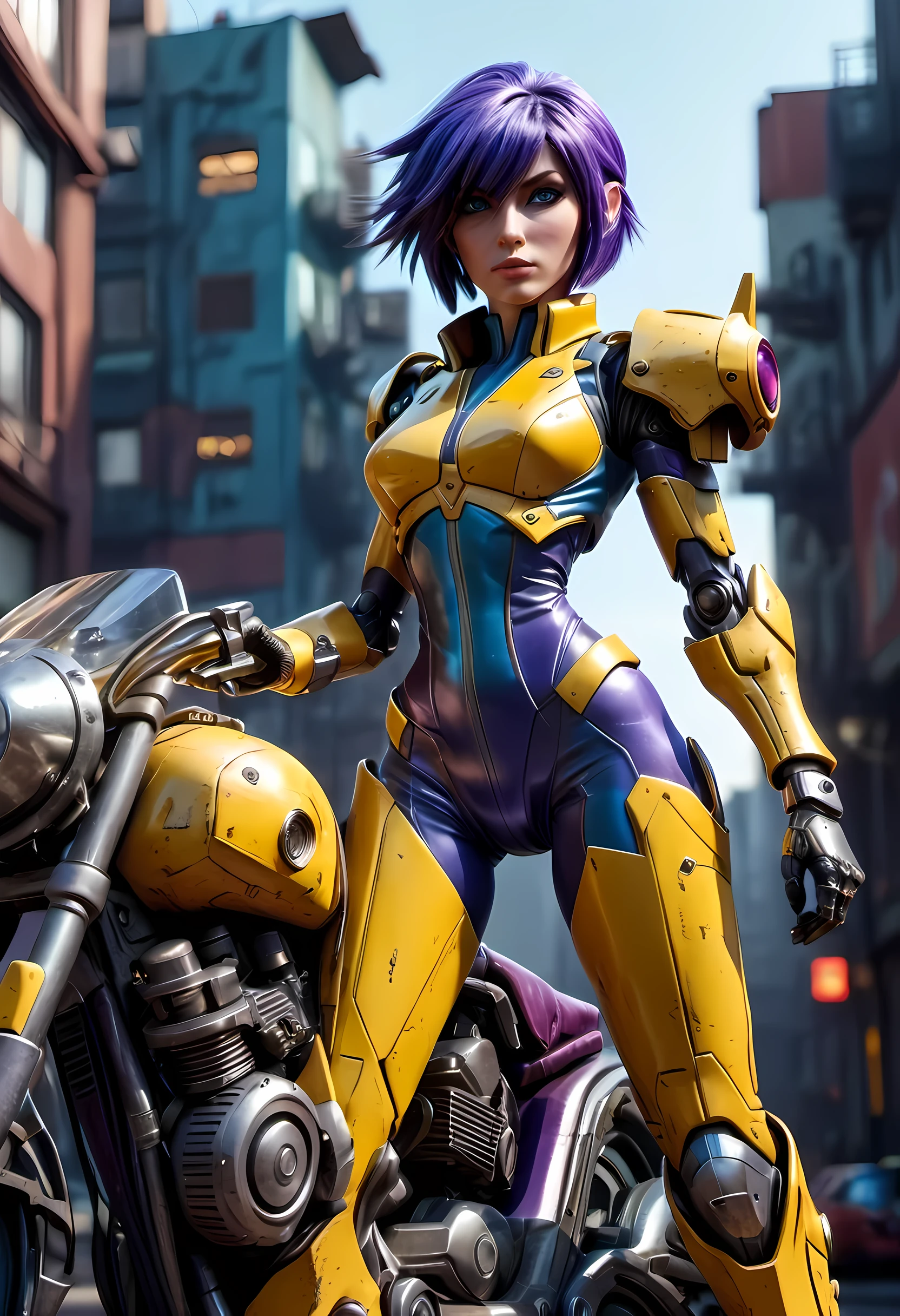 high details, best quality, 16k, [ultra detailed], masterpiece, best quality, (extremely detailed), dynamic angle, ultra wide shot, RAW, photorealistic, realistic art, a picture of mech Faye Valentine from Bebop Cowboy (intricate details, Masterpiece, best quality: 1.5) riding motorcycle, wearing yellow armor, (intricate details, Masterpiece, best quality: 1.4), leather boots, thick hair, short hair, purple hair, intense (blue: 1.3) eyes, futuristic urban background sun light, golden light. dynamic angle, (intricate details, Masterpiece, best quality: 1.5) , 2.5 rendering, high details, best quality, highres, ultra wide angle