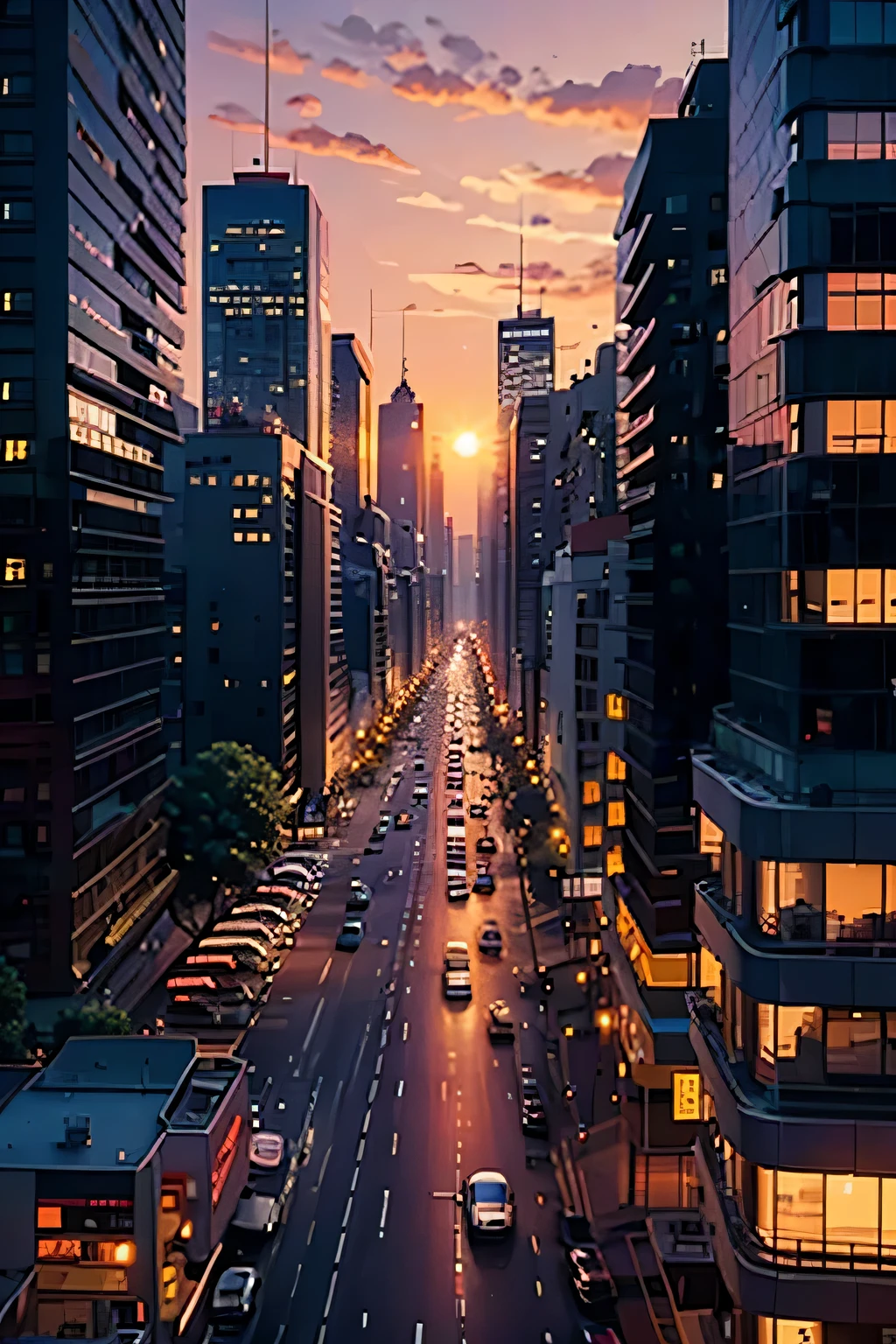 sunset in the city, cars on the streets, buildings, detailed
