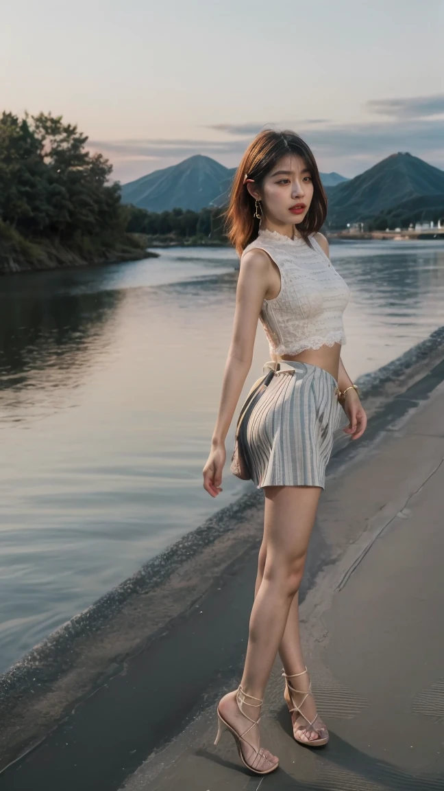 8K、Ultra HD resolution、Inspired by Asian female stars、movie stills、Dramatic、ridiculous、Suspenseful atmosphere、((masterpiece, best quality, Highest image quality, High resolution, Realistic, original photo, 8K)), ((Perfect composition、Golden Ratio))、Alafid view from the river,(best quality、Ultra HD resolution:1.3)、(original photo:1.5)、 ( Depth of Field)、(Full body female love:1.3)、Standing by the river at night、searchlight、 Perfect work of art、2 beautiful women、Real People、Real face、Very detailed脸部细节、Exquisite eyes、smart eyes、Double eyelids、red puffy eyes、cry、Perfect body、toned muscles、Muscle lines、(((Complex tops、Designer fashion、pattern、stripe、hollow、Lace、pattern)))、Sexy tight skirt、(Fashion in different colors、Purple、blue、red、White、black、Khaki)、Detailed clothing details、Sexy long legs、Glamorous heels、Real skin texture、Standing、torn clothes、Very detailed,Detailed details、every detail、Ultra HD resolution、Perfect work of art、Photography Art、Natural Light、Real riverside background、Endless mountains in the distance、Night view、Yoga poses