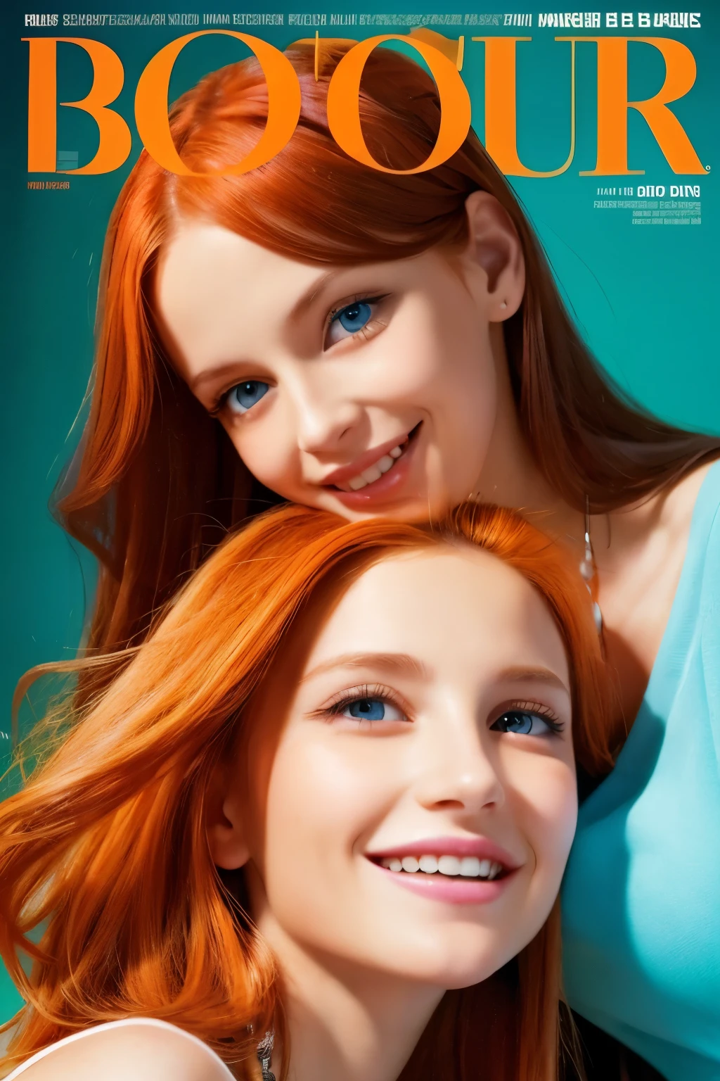 A mother and daughter orange hair blue eyes on a magazine cover, vibrant colors, high-resolution, realistic portrayal, fashion-forward, loving bond, trendy attire, captivating smiles, natural beauty, professional lighting, contemporary style, artistic composition