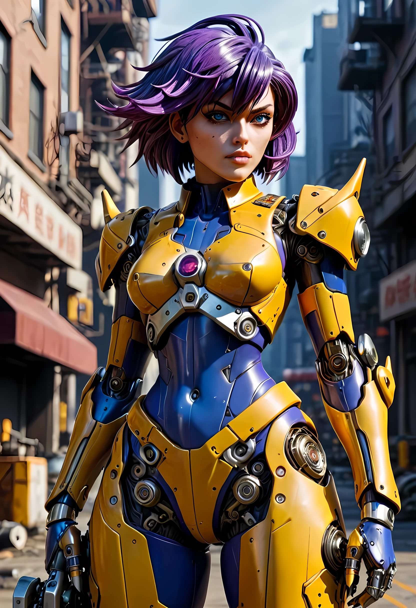 high details, best quality, 16k, [ultra detailed], masterpiece, best quality, (extremely detailed), dynamic angle, ultra wide shot, RAW, photorealistic, realistic art, a picture of mech Faye Valentine from Bebop Cowboy (intricate details, Masterpiece, best quality: 1.5) riding motorcycle, wearing yellow armor, (intricate details, Masterpiece, best quality: 1.4), leather boots, thick hair, short hair, purple hair, intense (blue: 1.3) eyes, futuristic urban background sun light, golden light. dynamic angle, (intricate details, Masterpiece, best quality: 1.5) , 2.5 rendering, high details, best quality, highres, ultra wide angle