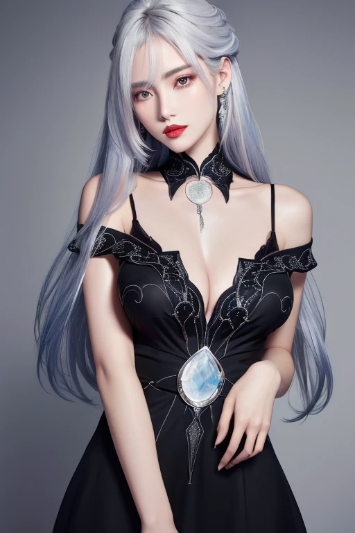 Anime Style、White skin、Gray Hair、Long Hair、Blue vein hair、Upward、Large and noticeable、Colorful gas expression、Captivating big 、feminine、High-frequency detail (((Sharpness)))、((Focus Sharp: 1.2 ) )、Pueros Face_v1: 0.7)、(8k、highest quality)、Very large chest light)))、Beautiful lighting、Highly detailed face、well drawn hands、Well drawn legs、Well drawn legs、Exposed chest、(masterpiece) : 1、2)、highest quality、masterpiece、High resolution、Original and detailed wallpapers、information: upper class、Business service、Red lipstick and black lips、dark red lipstick、dark red lipstick、ear piercing、Expensive Gemstones、Black Dress、tight black dress、Black bodysuit、A black dress that covers the shoulders and neck、Modern apartment background、Modern apartment background、Expensive necklace、black shirt with long collar