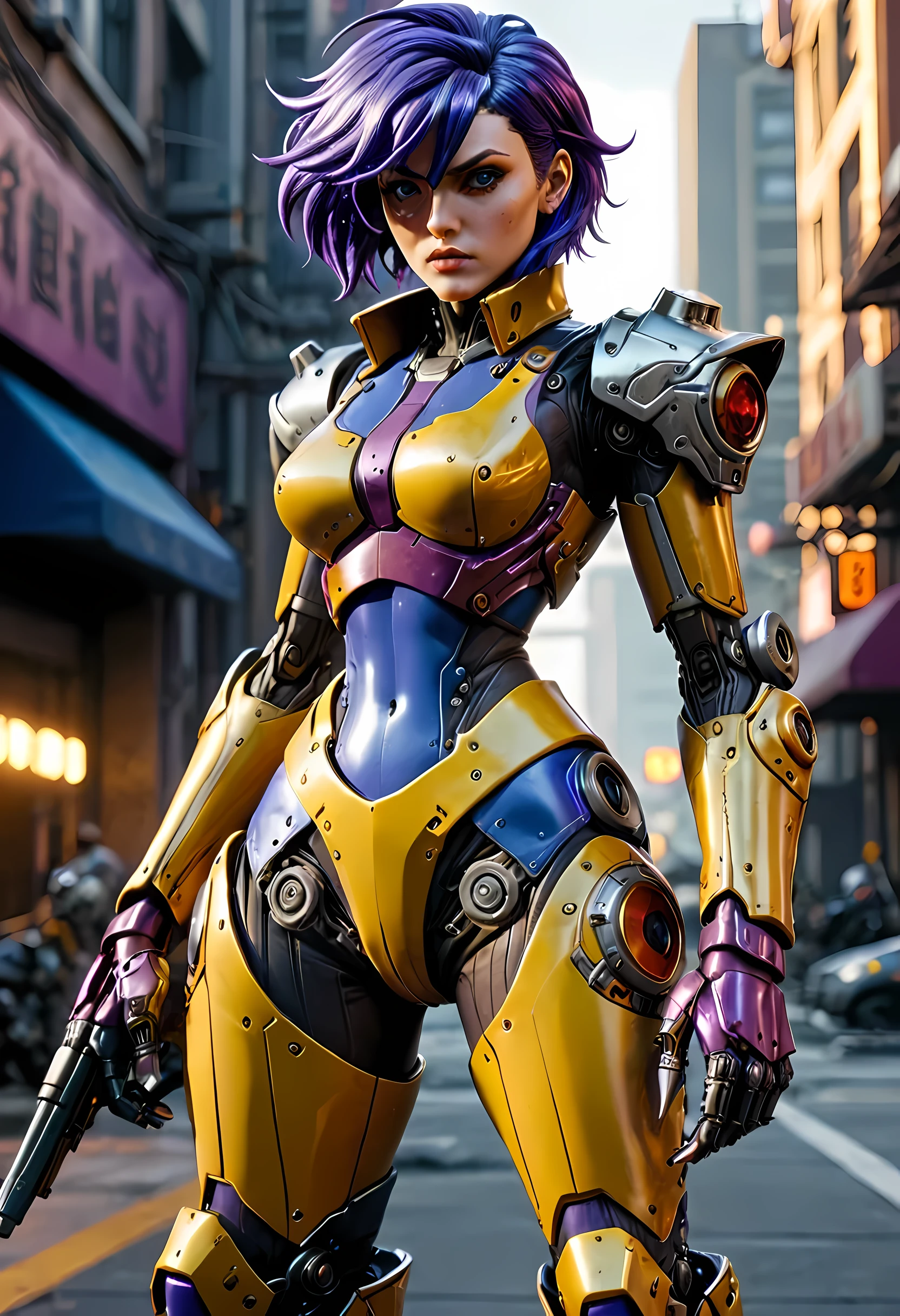 high details, best quality, 16k, [ultra detailed], masterpiece, best quality, (extremely detailed), dynamic angle, ultra wide shot, RAW, photorealistic, realistic art, a picture of mech Faye Valentine from Bebop Cowboy (intricate details, Masterpiece, best quality: 1.5) riding motorcycle, wearing yellow armor, (intricate details, Masterpiece, best quality: 1.4), leather boots, thick hair, short hair, purple hair, intense (blue: 1.3) eyes, futuristic urban background sun light, golden light. dynamic angle, (intricate details, Masterpiece, best quality: 1.5) , 2.5 rendering, high details, best quality, highres, ultra wide angle