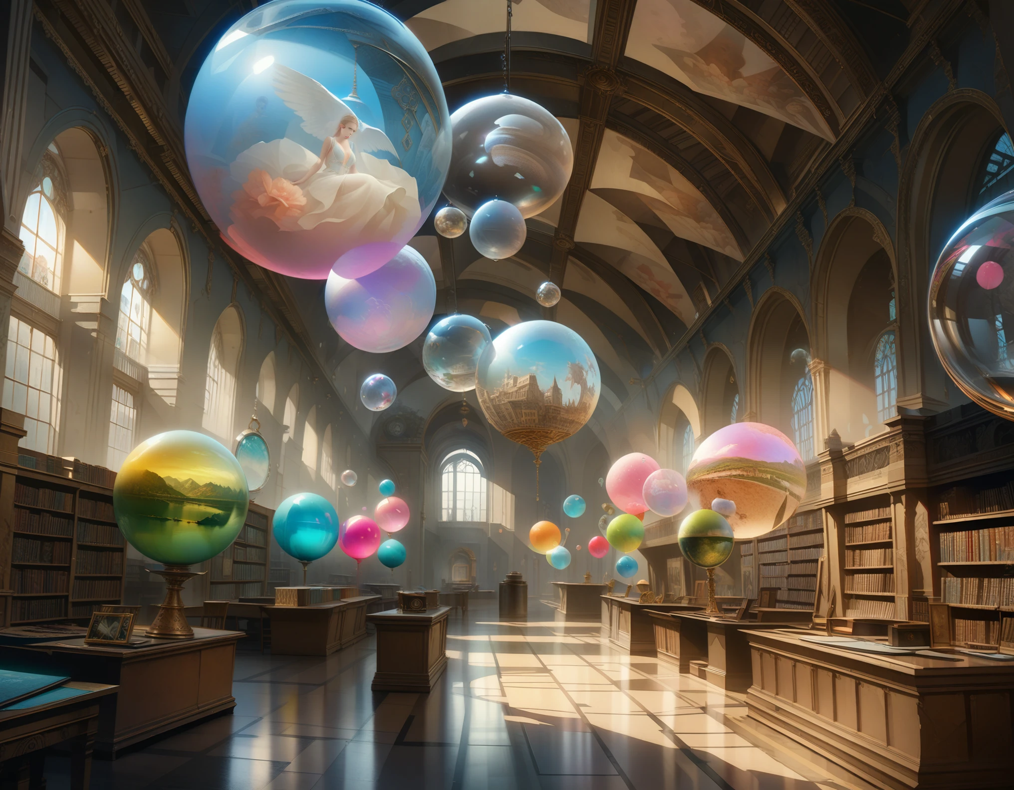 (((history))), history inside many floating bubbles, eras streaming, ancient, middle age, early modern, modern, future, fantastic images, flashback, beyond memories, eternal, library, ((photorealism, hyperrealism, RGB 32 bit, three-dimensional rendering)), ((masterpiece, best quality, ultra-detailed, an extremely delicate and beautiful)), ((extremely detailed CG unity 8k wallpaper)), ((award winning, ccurate, UHD, textured skin, chromatic aberration, perfect anatomy, golden ratio)), (concept art), (exquisite attention to detail), ((perfect_composition, perfect_design, perfect_layout, perfect_detail, ultra_detailed)), ((aesthetic harmony))