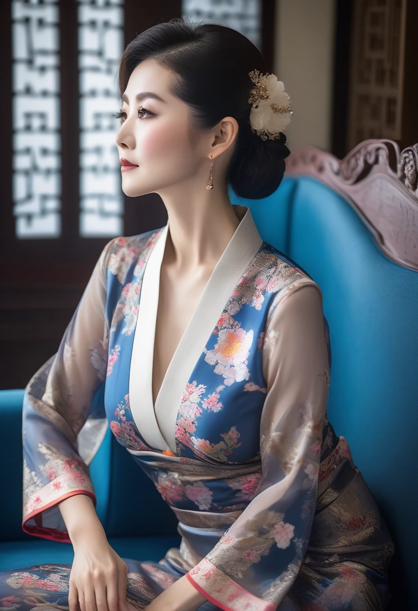 A woman in her 50s wearing a floral dress sitting on a sofa, China dress, China dress, chinese girl, chinese women, Traditional Chinese, wearing an elegant dress, Gorgeous Chinese Model, 青いChina dressを着て, Elegant Japan Woman, Chinese style, Cute and elegant pose, 青いChina dressで, Standing and posing elegantly, Elegant profile pose