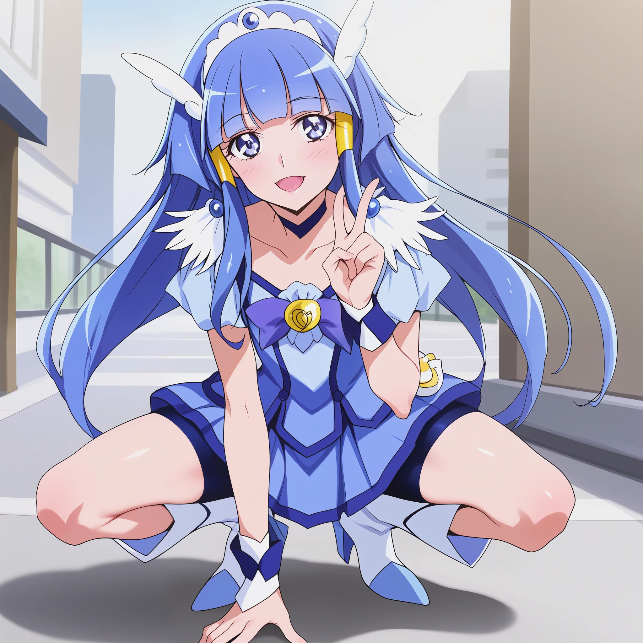 score_9, score_7_up, masterpiece, best quality, source_anime, beautiful detailed eyes, anime screencap, BREAK AR-CB, 1girl, blue eyes, (long hair:1.1), hair tube, sidelocks, blue hair, blunt bangs, hair ornament, head wings, tiara, blue choker, blue bow, blue shorts, blue skirt, bike shorts, shorts under skirt, blue wrist cuffs, knee boots, BREAK flat chest, smile, blush, open mouth, crouching, leaning forward, (knock-kneed, v:1.2), hand up, head tilt, BREAK outdoor, city, street, building,