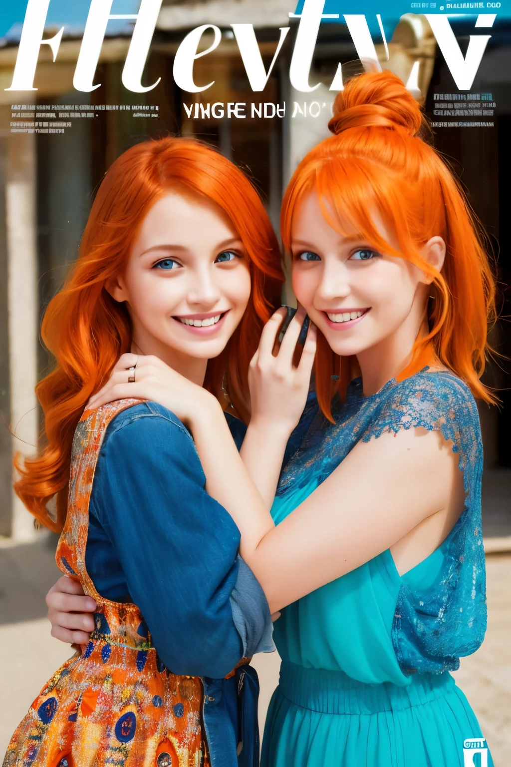A mother and tween daughter orange hair blue eyes on a magazine cover, vibrant colors, high-resolution, realistic portrayal, fashion-forward, loving bond, trendy attire, captivating smiles, natural beauty, professional lighting, contemporary style, artistic composition