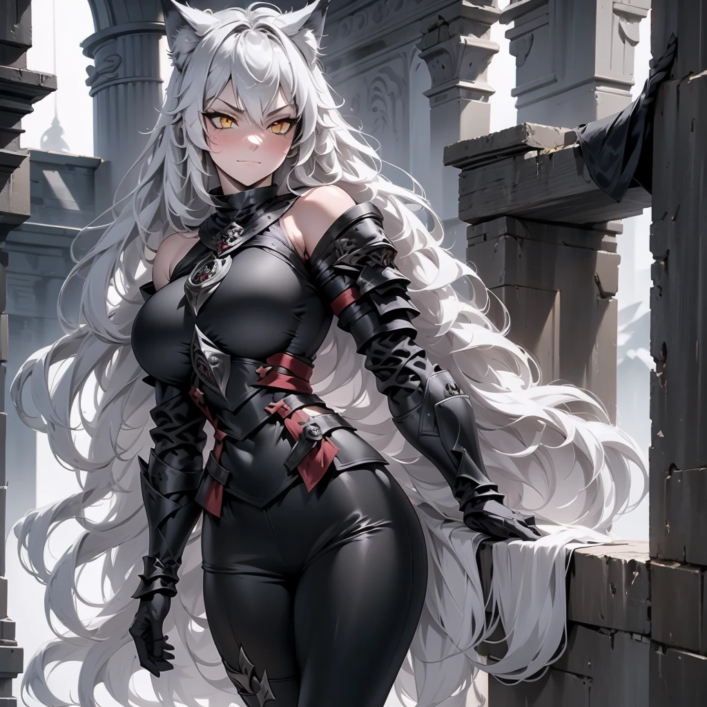 Solo, full body portrait, 8K, a visually stunning tall beautiful young woman, detailed knight armor, fluffy wolf ears, white pale skin, smooth skin, especially detailed face, masterpiece, ultra detailed, best quality, highlydetailed face, ultra-detailed face, goth aesthetic wolf tailed girl, athletic body, pale white skin, big breasts, curvy, busty, long hair, gray-silver hair, a young woman, wolf ears, long wolf tail, fluffy wolf tail, wolf-like irises, beautiful, enchanting, bright yellow eyes, detailed eyes, ultra-detailed eyes, accurate eyes, detailed irises, correct body proportions, elegant, small vertical scar under right eye, small rosy lips, closed mouth, cute canines, wolf fangs, pretty hands, detailed hands, slight blush, shy smile, black metal armor, detached sleeves, black and red armor, metal chest armor, armored bike long shorts,  black armored long  jacket, silver wolf metallic ornaments, bare off shoulders, toned abs, exposed belly, standing straight pose, angry smug blushed expression