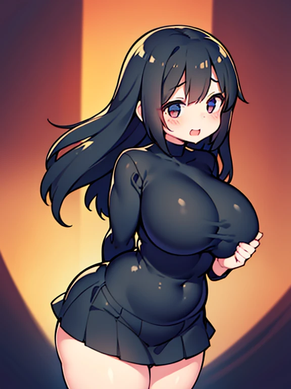 Infinitely cute, curvy plump  , with Long lush Black hair, Very small stature, abnormally enormously Gigantic breasts, cheerful, Without complexes, Shameless, sexually liberated, in a (Very Tight Black Shirt), and Long Black skirt, Full-length photography, Anatomical realism, max detail, high quality textures, Extremely Exaggeratedly Overall Massively Breasted, Oversized Thighs,