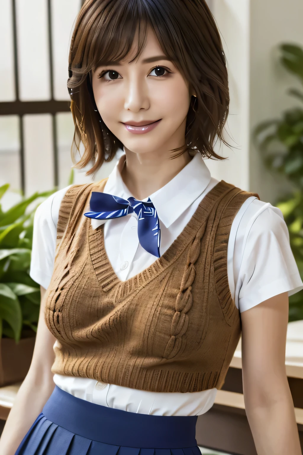 (masterpiece:1.2, highest quality), (realistic, photorealistic:1.4), beautiful illustrations, (natural side lighting, movie lighting), Depth of written boundary,
looking at the viewer, Front view, 1 girl, japanese, high school girl, 19 years old, perfect face, Cute symmetrical face, shiny skin,
(bob hair:1.7,blonde), asymmetrical bangs, Big eyes, droopy eyes, long eyelashes chest), thin,
beautiful hair, beautiful face, fine and beautiful eyes, beautiful clavicle, beautiful body, beautiful breasts, beautiful thighs, beautiful feet, beautiful fingers,
((fine fabric texture, brown knit vest, short sleeve white collar shirt, navy pleated skirt, Navy bow tie)),
(beautiful scenery), evening, (Inside the flower shop), Are standing, (smile, Upper grade, open your mouth), (((skirt lift, No panties, genitals visible))), full body shot, dark blue socks,