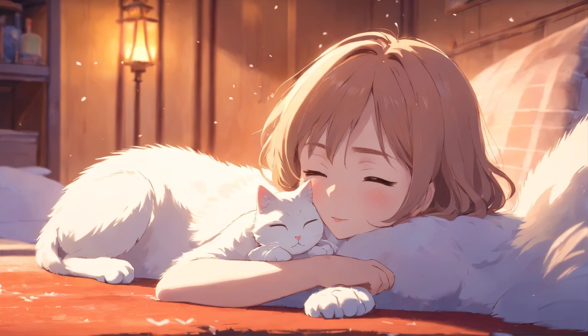 Edge lighting in Pixar-style digital painting、Dreamy tones of white little cat on a snowy cloud、She is depicted lying peacefully with her eyes closed as if enjoying sweet dreams.。
The cat&#39;s expression is very calm.、The corners of the mouth are slightly raised。