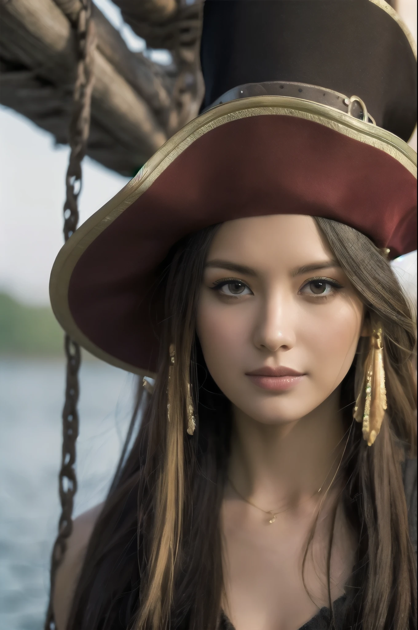 highest resolution, 4K, masterpiece: 1.3), japanese mature, photo of a woman, sexy, fine eyes, slender body shape, realistic teeth, double eyelid, whole body, highest quality, be familiar with, around the sea, On the pirate ship, female pirate, Dress up as a pirate captain, dirty skin, torn clothes, serious expression, Stormy weather, it's raining, Wet, have a sword, naked, topless, pubic hair
