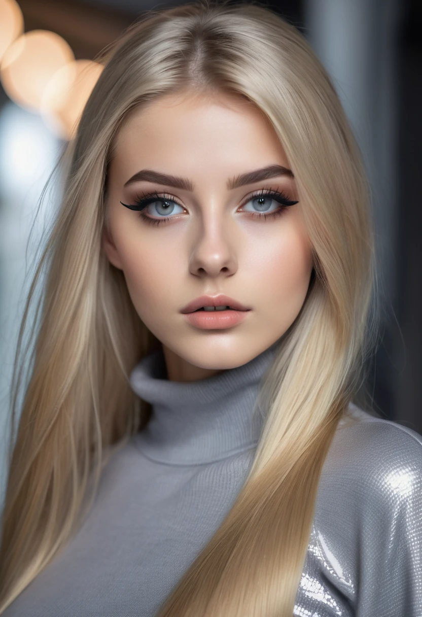 hyperrealistic beautiful 18-year-old women in grey sweater with shiny black latex shorts, model shooting photography, very long blonde straight hair, dark eye makeup with eyeliner, 8K, best quality, Meisterwerk, ultra high resolution, (Realismus: 1.4), Originalfoto, (realistische Hautstruktur: 1.3), (Filmkorn: 1.3), (Selfie-Winkel), 1 girl, Beautiful eyes and facial details, Meisterwerk, best quality,