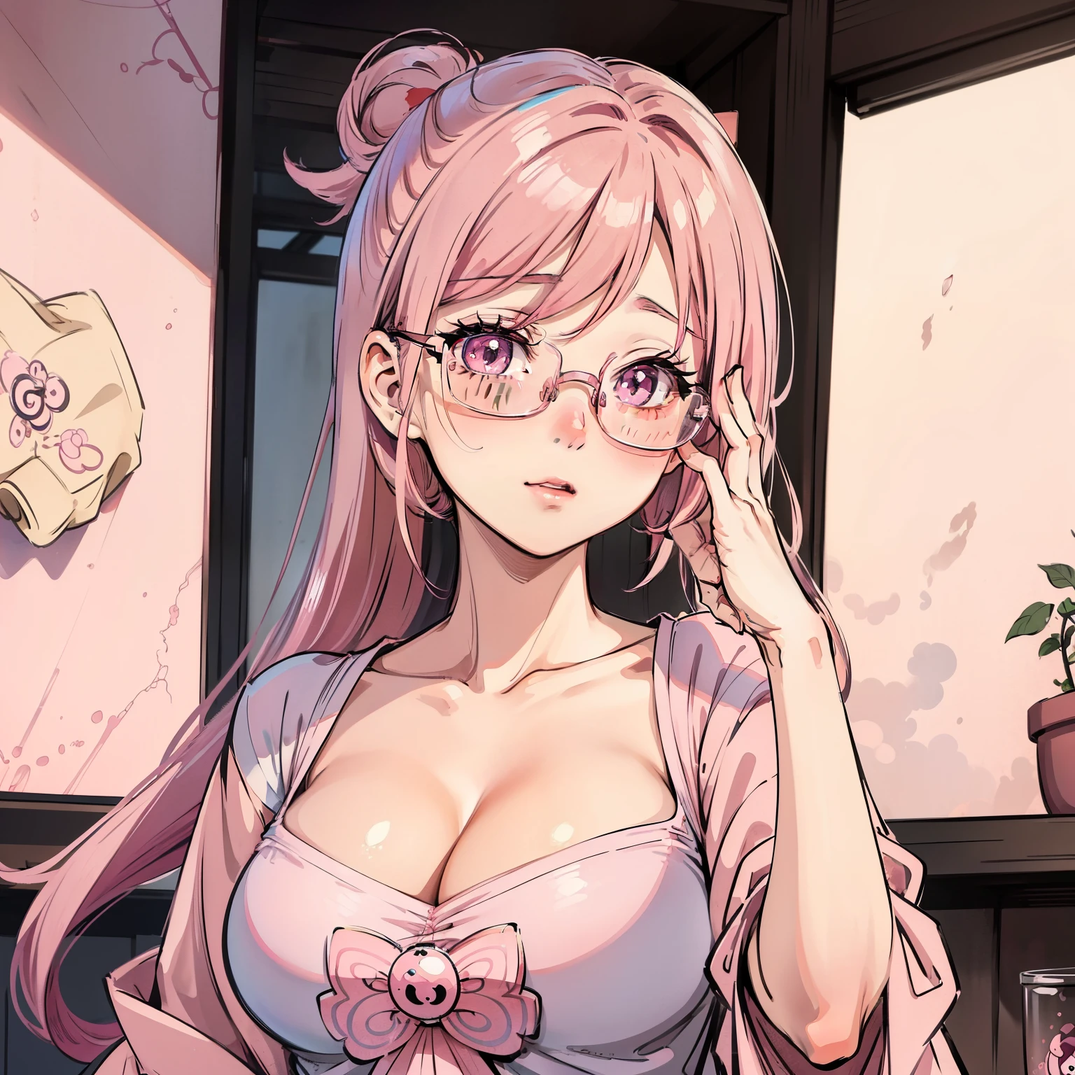 Close-up of a woman with Pink hair wearing glasses, artwork in Gouwez style, Gouwez, Kawaii realistic portrait, Inspired by Cheng Yanjun, glowing Pink face, Pink girl, Beautiful anime portrait, Pink glasses, glowing Pink eyes, Realistic anime 3D style, Yanjuncheng, realistic anime artstyle, ((Pink)8k