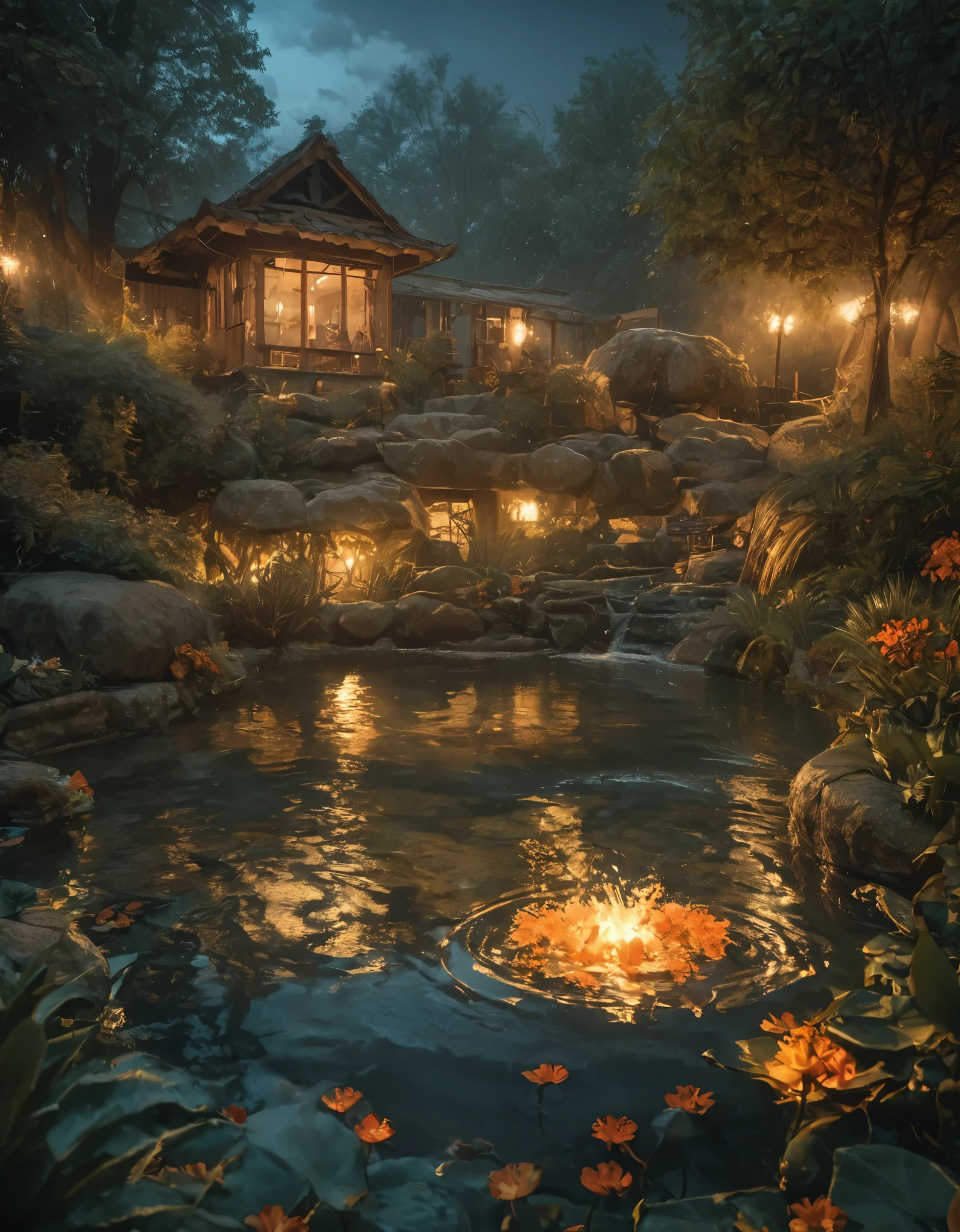 Obra maestra, mejor calidad, Fondo de pantalla CG unity 8k extremadamente detallado, a magical pond at night, Finamente detallado, cinematic lighting, high resolution, 12k
.Super Wide Angle(((Obra maestra))), ((mejor calidad)),((detalles intrincados)),((surreal))(8k)