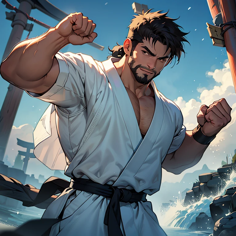 best quality, masterpiece, super high resolution, detailed background, realism, illustrations, single, 1 boy, torii, muscle, volumetric lighting, depth of field, facial hair, ryu, ( fist raised above head and jumped), white clothes, black band, light particles, bulge
