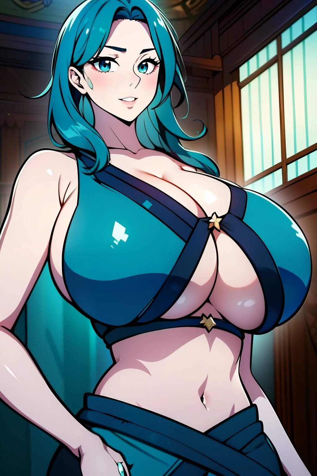 An anime-style artwork depicting ruan mei from the game Honkai star rail.

Tags: ruan mei, anime, detailed eyes, detailed lips, black crop top, (short kimono:1.1), bare shoulders, cleavage smiling expression, intense gaze, glowing emblem on hand, dynamic pose, indoor, luxury palace, vibrant colors, digital art, high-resolution, professional quality, gigantic breasts, (underboob : 1.4), curvy, cowboy shot, (gigantic breasts: 1.4), (blue eyes: 1.4), (light Aquamarine Blue hair: 1.4), short hair