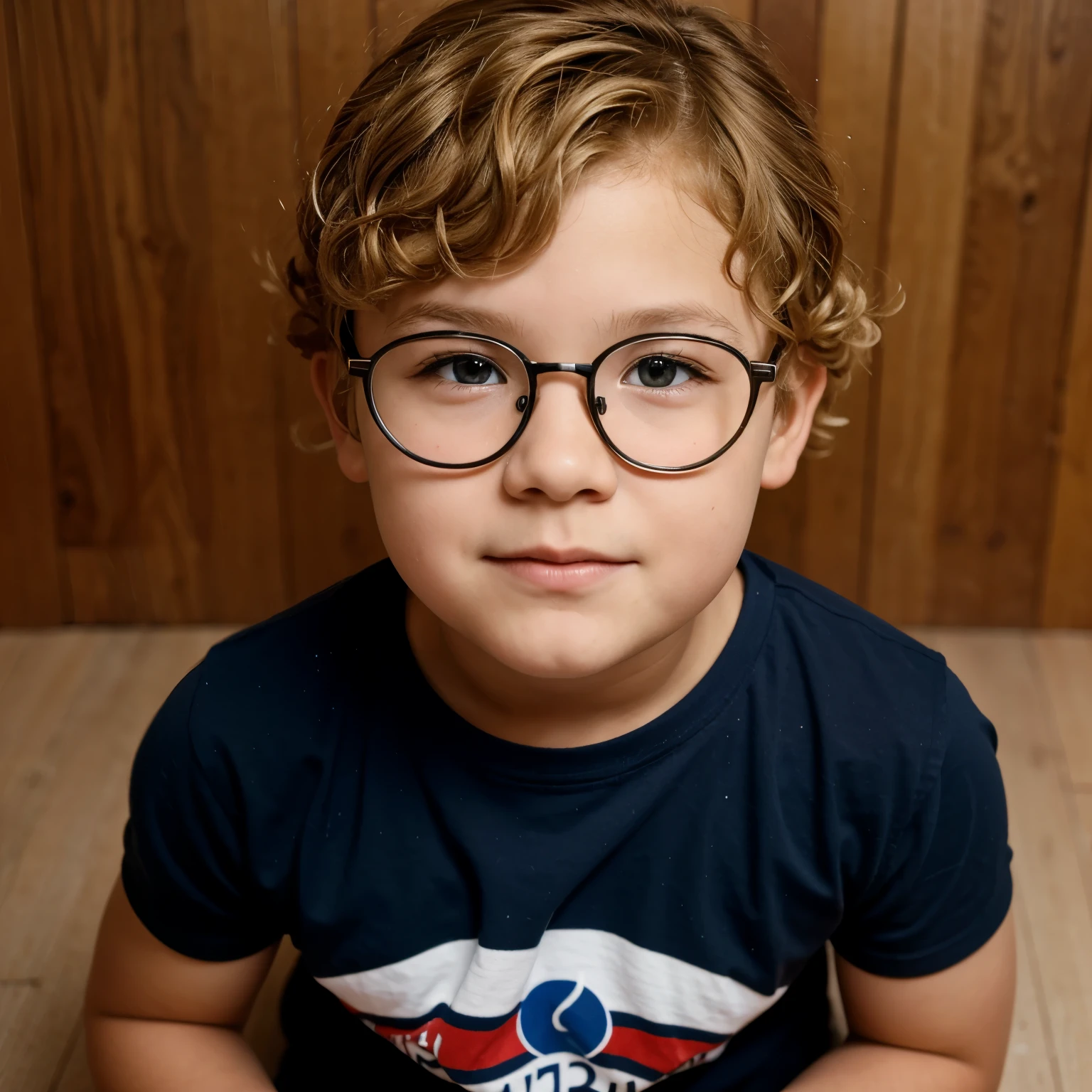 7  boy with curly and ash blonde hair, somewhat chubby and wearing glasses