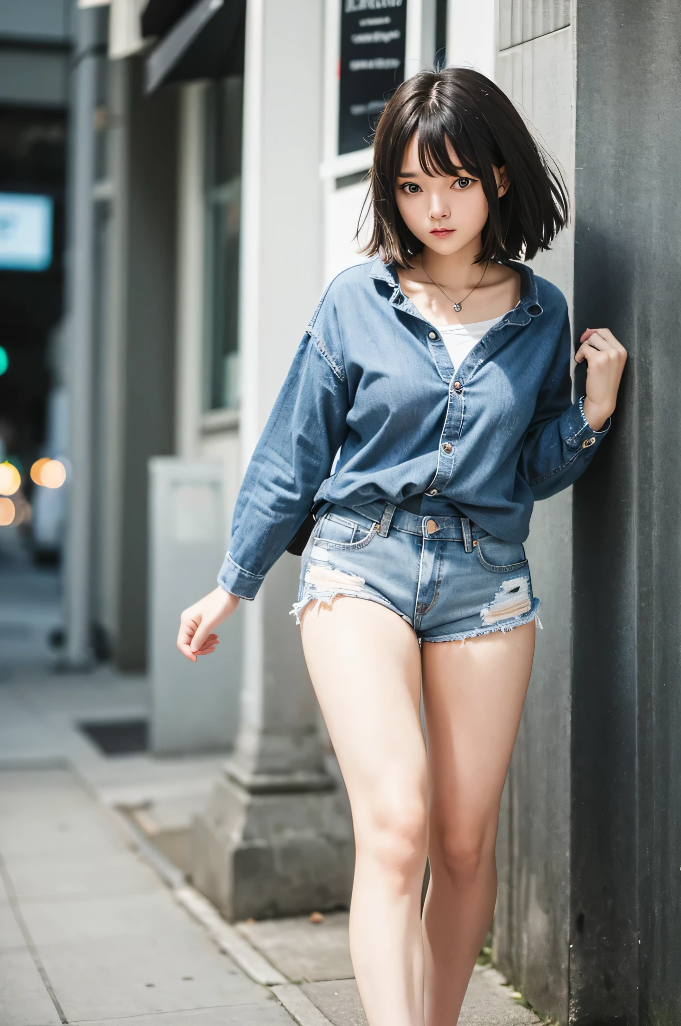1girl, short black hair, blue eyes, wearing plain white shirt, denim shorts, city, absurdres, high res, ultrasharp, 8K, masterpiece, looking at viewer