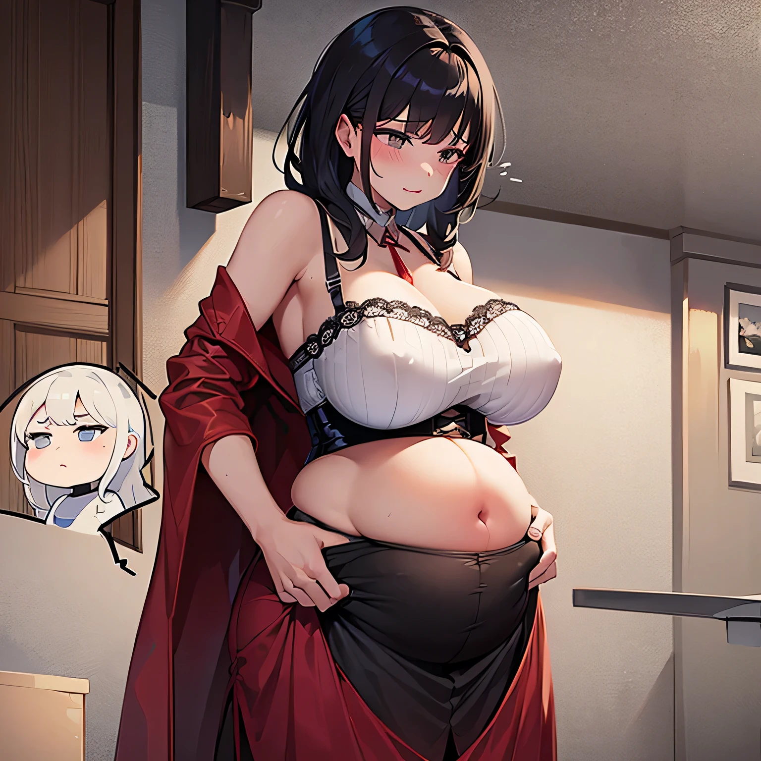 Very pregnant girl trying to put on a corset frustrated that she can&#39;t put it on because of how big her belly is....