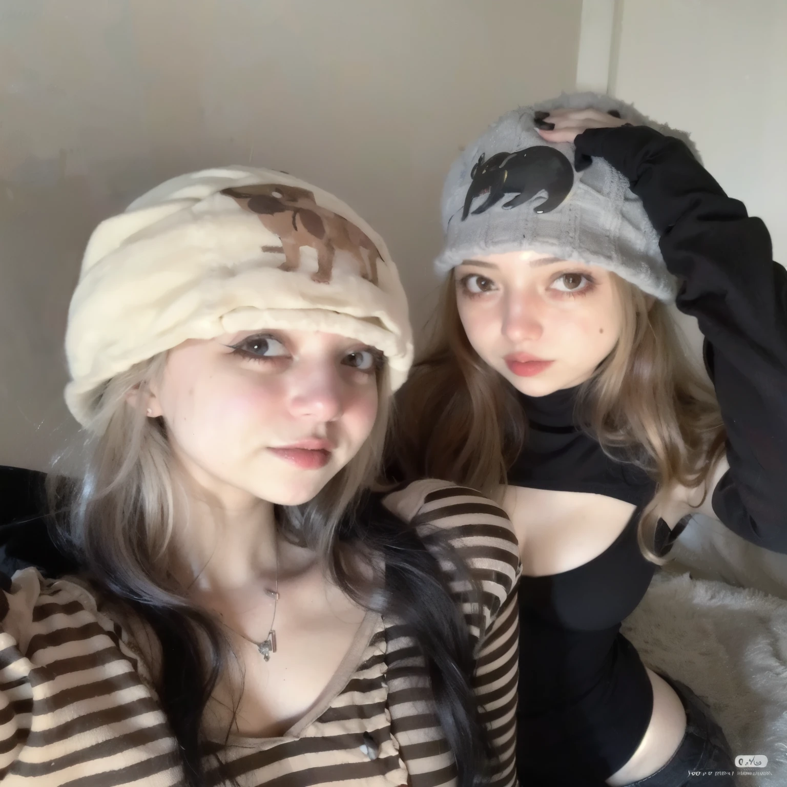 Dos mujeres con pelo largo y sombreros posando para una foto., lindos sombreros, con gorro negro en la cabeza, sombrero de animales, 2 0 2 0 moda, usando un lindo sombrero, ava max, e-chica, and - girl, foto de perfil, h 576, sombrero divertido, usando una gargantilla y un lindo sombrero, y 2 k, y2k