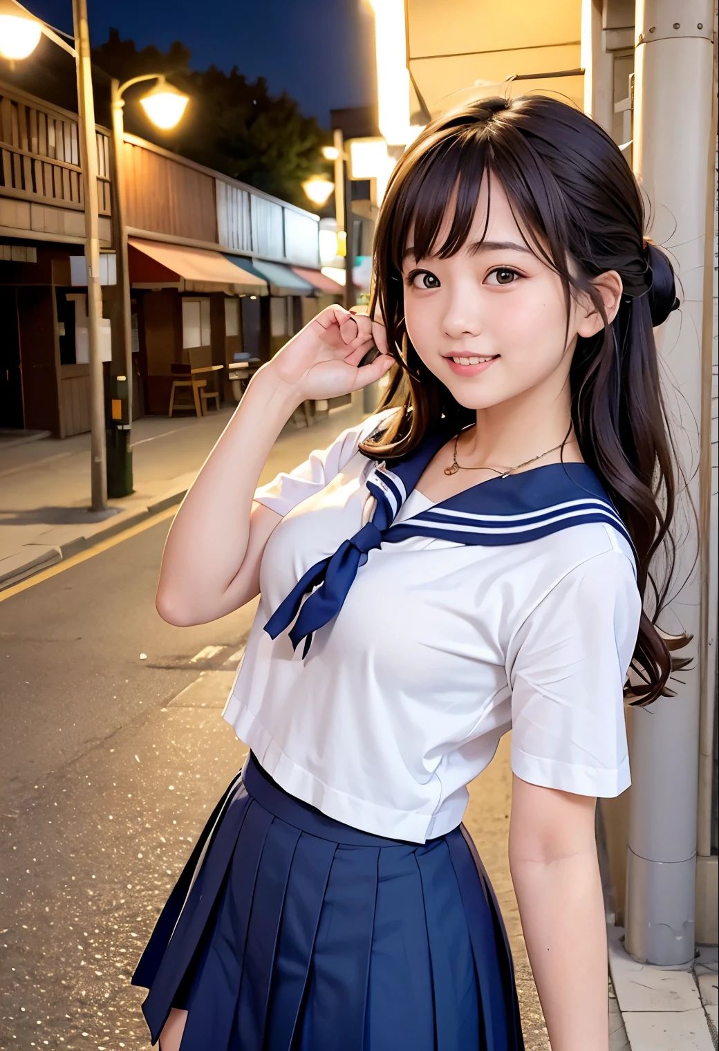 (highest quality,masterpiece:1.3,Ultra-high resolution),(Very detailed、Caustics) (Photorealistic:1.4, RAW shooting、)Ultra-Realistic Capture、very detailed、Natural skin texture、masterpiece、(Junior high school sailor uniform:1.3)、short sleeve sailor suit、1 Japanese girl、adorable expression、expression of happiness、************、Young Face、Amazingly cute、Twin tails、Curly Hair、Black Hair、Scrunchie、necklace、light makeup、Big breasts that look like they&#39;re about to burst、Bare arms、This photo was taken in front of a small restaurant in the downtown area at night.、Shining thighs、Shooting from the side、Smile、Don&#39;t show your lower teeth、inviting gaze、The exact number of fingers on both hands、