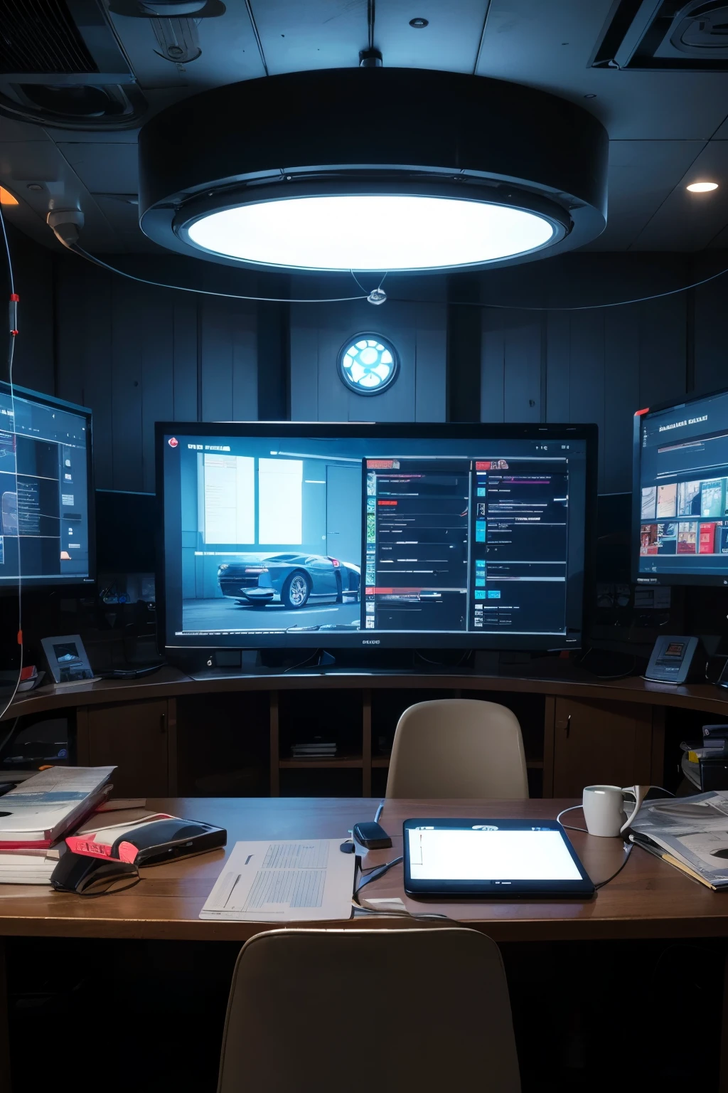 Raumschiffzentrale, futuristisch, Monitore, Eisenketten, halbnah