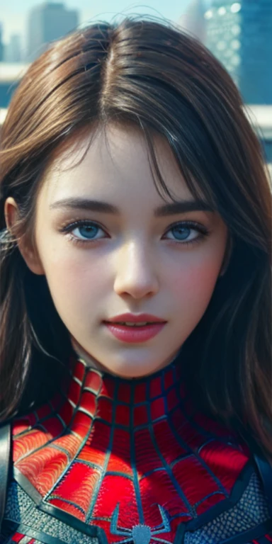 (1girl:1.3), Solo, (((Very detailed face)))), ((Very detailed eyes and face)))), Beautiful detail eyes, Body parts__, Official art, Unified 8k wallpaper, Super detailed, beautiful and beautiful, beautiful, masterpiece, best quality, original, masterpiece, super fine photo, best quality, super high resolution, realistic realism, sunlight, full body portrait, amazing beauty, dynamic pose, delicate face, vibrant eyes, (from the front), She wears Spider-Man suit, red and black color scheme, spider, very detailed city roof background, rooftop, overlooking the city, detailed face, detailed complex busy background, messy, gorgeous, milky white, highly detailed skin, realistic skin details, visible pores, clear focus, volumetric fog, 8k uhd, DSLR, high quality, film grain, fair skin, photo realism, lomography, futuristic dystopian megalopolis, translucent