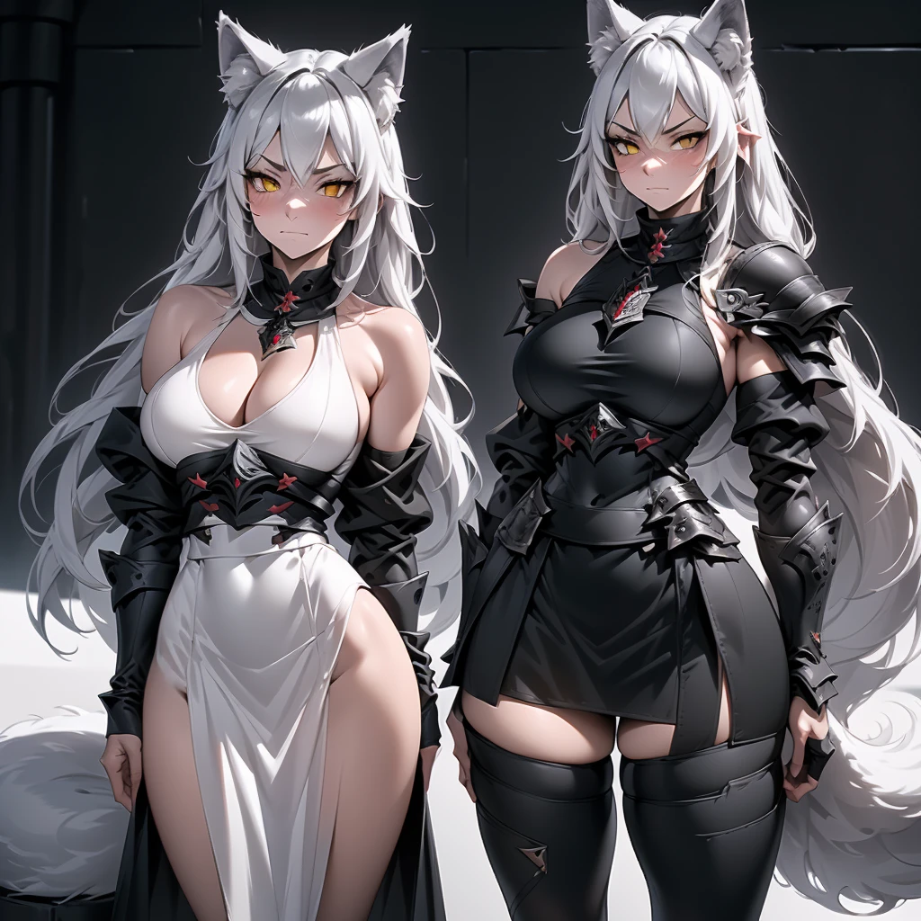 Solo, full body portrait, 8K, a visually stunning tall beautiful young woman, detailed knight armor, fluffy wolf ears, white pale skin, smooth skin, especially detailed face, masterpiece, ultra detailed, best quality, highlydetailed face, ultra-detailed face, goth aesthetic wolf tailed girl, athletic body, pale white skin, big breasts, curvy, busty, long hair, gray-silver hair, a young woman, wolf ears, long wolf tail, fluffy wolf tail, wolf-like irises, beautiful, enchanting, bright yellow eyes, detailed eyes, ultra-detailed eyes, accurate eyes, detailed irises, correct body proportions, elegant, small vertical scar under right eye, small rosy lips, closed mouth, cute canines, wolf fangs, pretty hands, detailed hands, slight blush, shy smile, black metal armor, black top, detached sleeves, black and red armor, metal chest armor, armored bike long shorts with skirt,, silver armored jacket, silver metallic ornaments, bare off shoulders, toned abs, exposed belly, standing straight pose, angry smug blushed expression